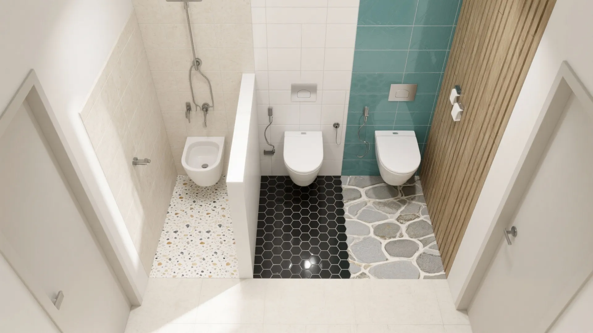 Interior design drawing showing three bathroom stalls with different floor tiles and wall color designs