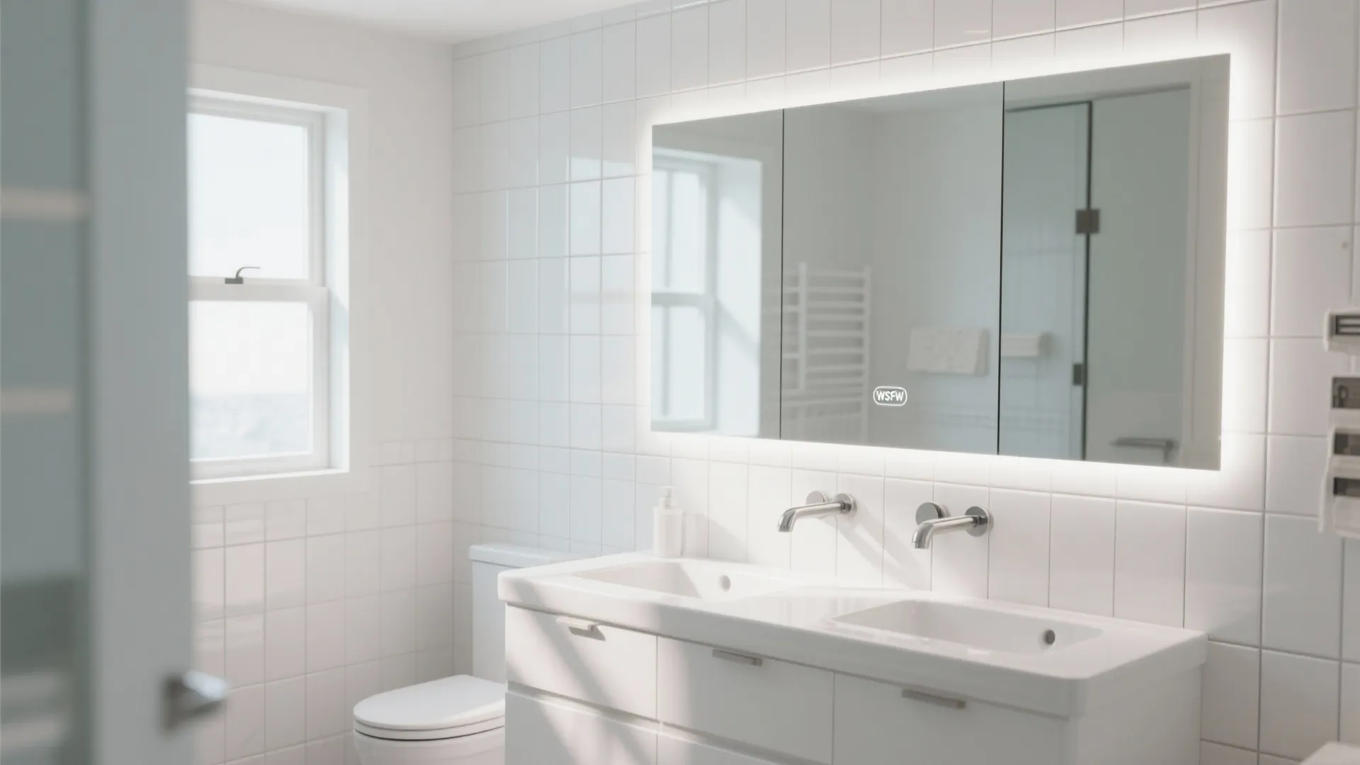Modern white bathroom with large backlit cabinet mirror over double sinks and white tiled walls