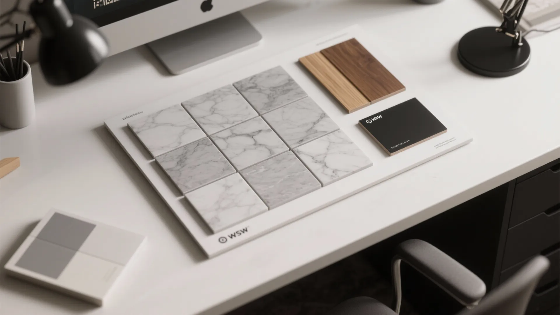 White desk with computer lamp and board of marble tiles wood samples and black swatch.