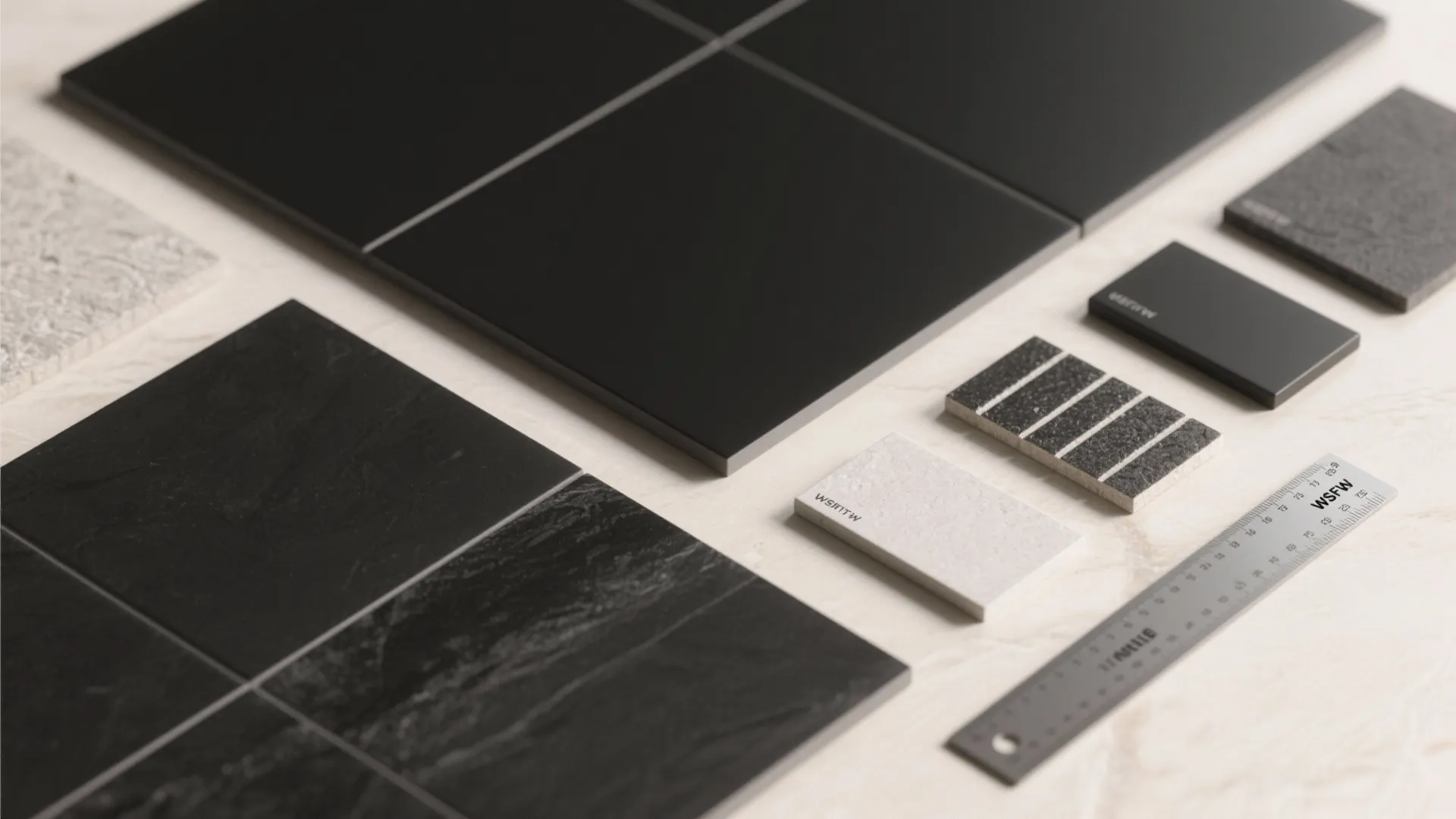 Flatlay of black tile samples showing matte and satin finishes with grout cards.