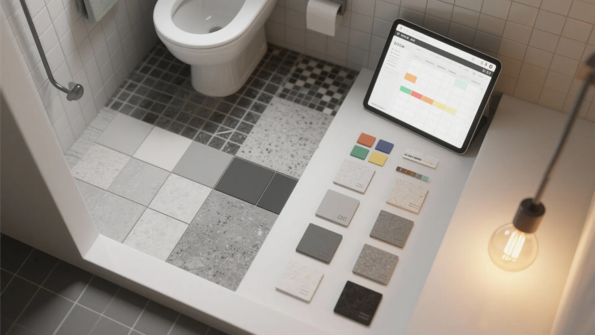 Top-down mockup with gray tile swatches and a 3D planner for testing layouts and lighting