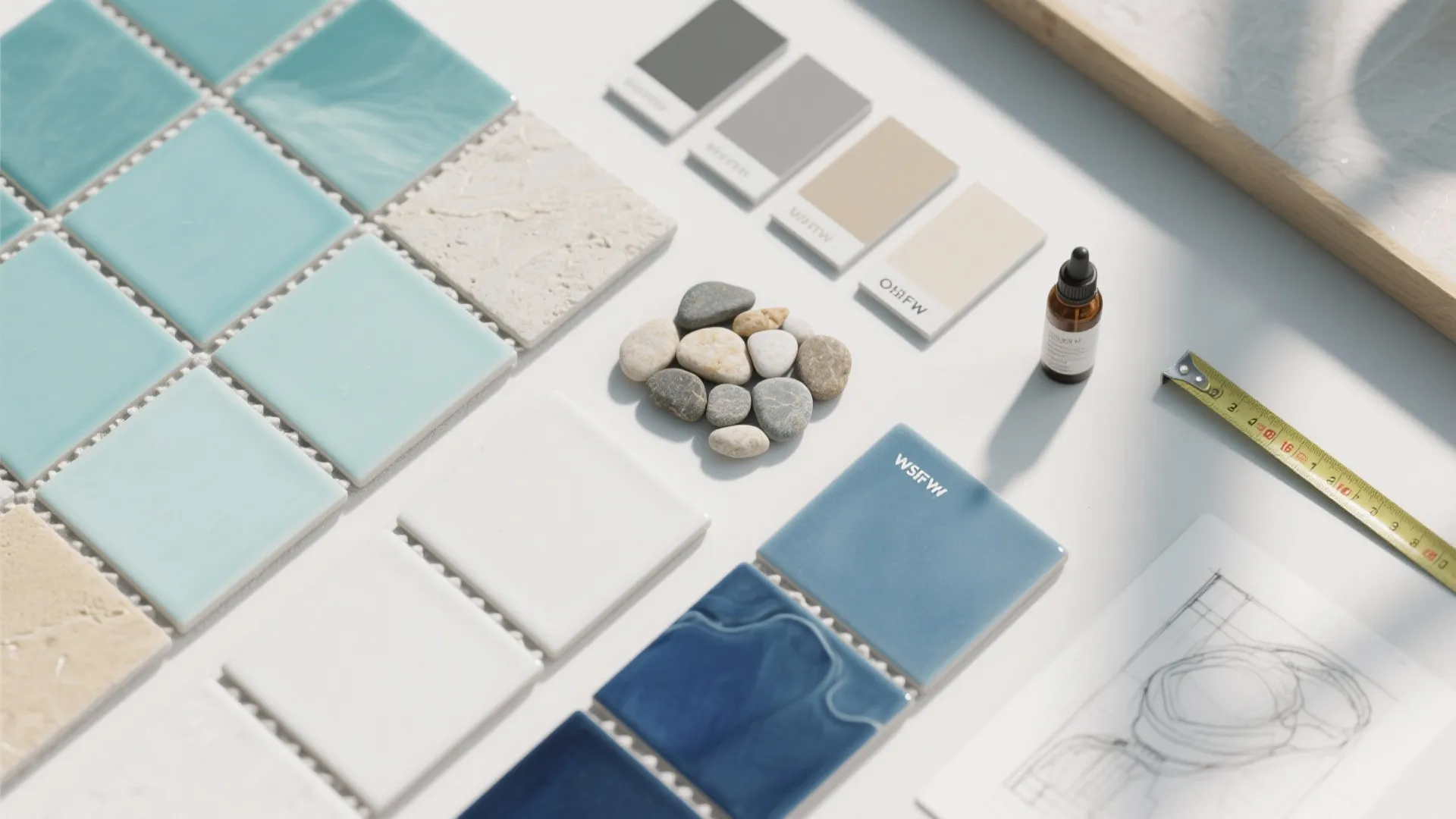 Flatlay of coastal tile swatches, grout samples, pebble sample and an installation sketch.
