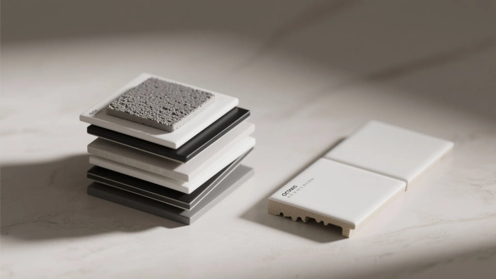 Tile and grout swatches with a porcelain sample, illustrating material choices and maintenance options.