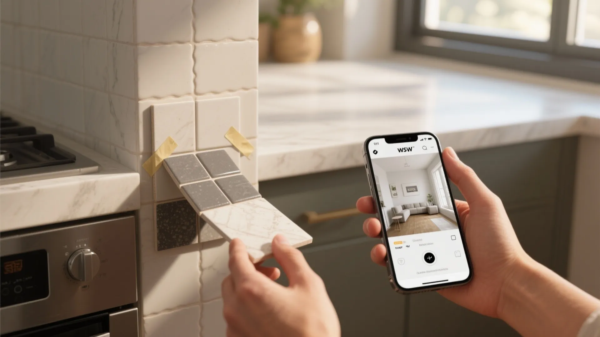 Tile sample held against a kitchen counter with daylight, showing how to test tiles in real lighting.