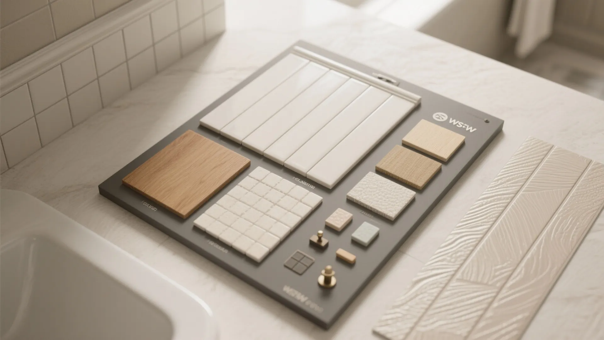 Material board with tile insets, wainscot strip and peel-and-stick panel samples for a bathroom wall.