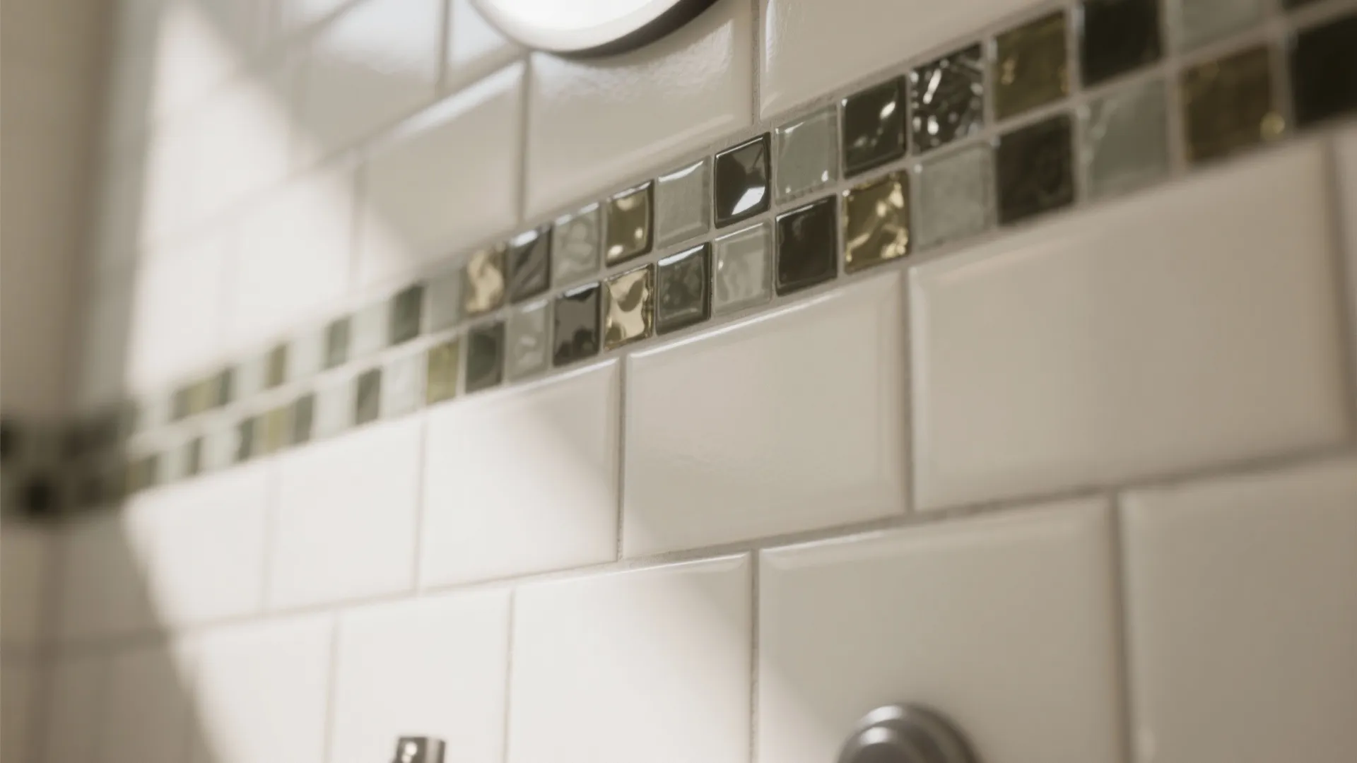 Close up of white wall tiles with a small square border in black and gold