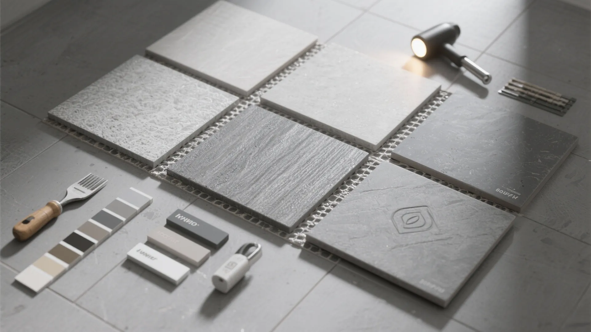 Interior design material selection with grey floor tiles color swatches small tools and natural light