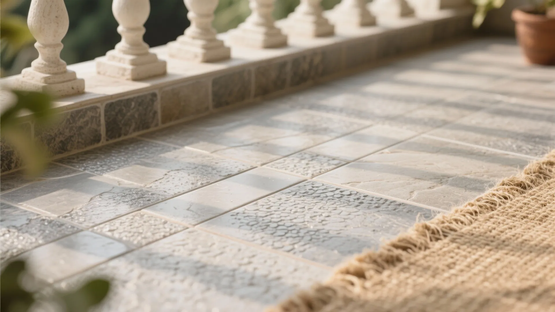 Macro view of textured stone-finish outdoor tile with sealed grout and jute rug edge.