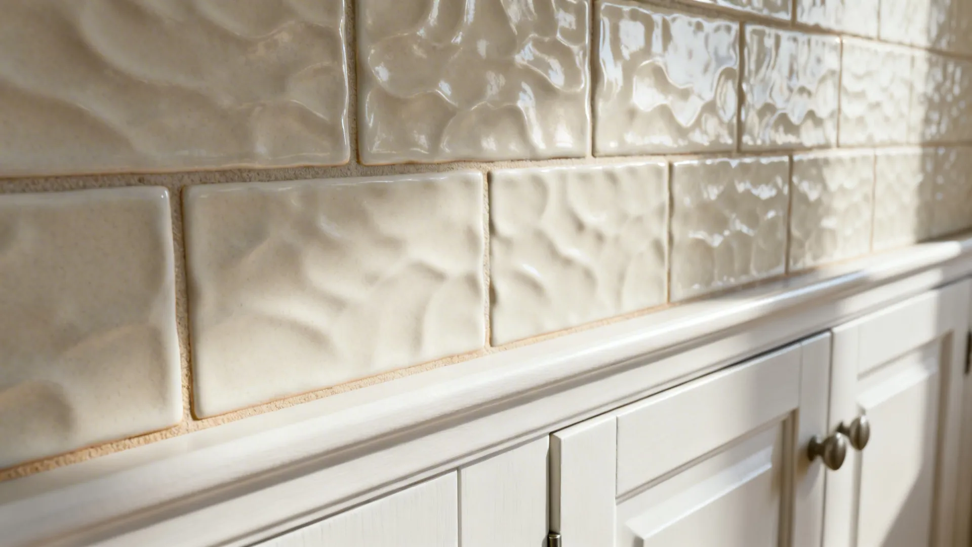 Macro detail of textured off-white backsplash tile with matching grout.