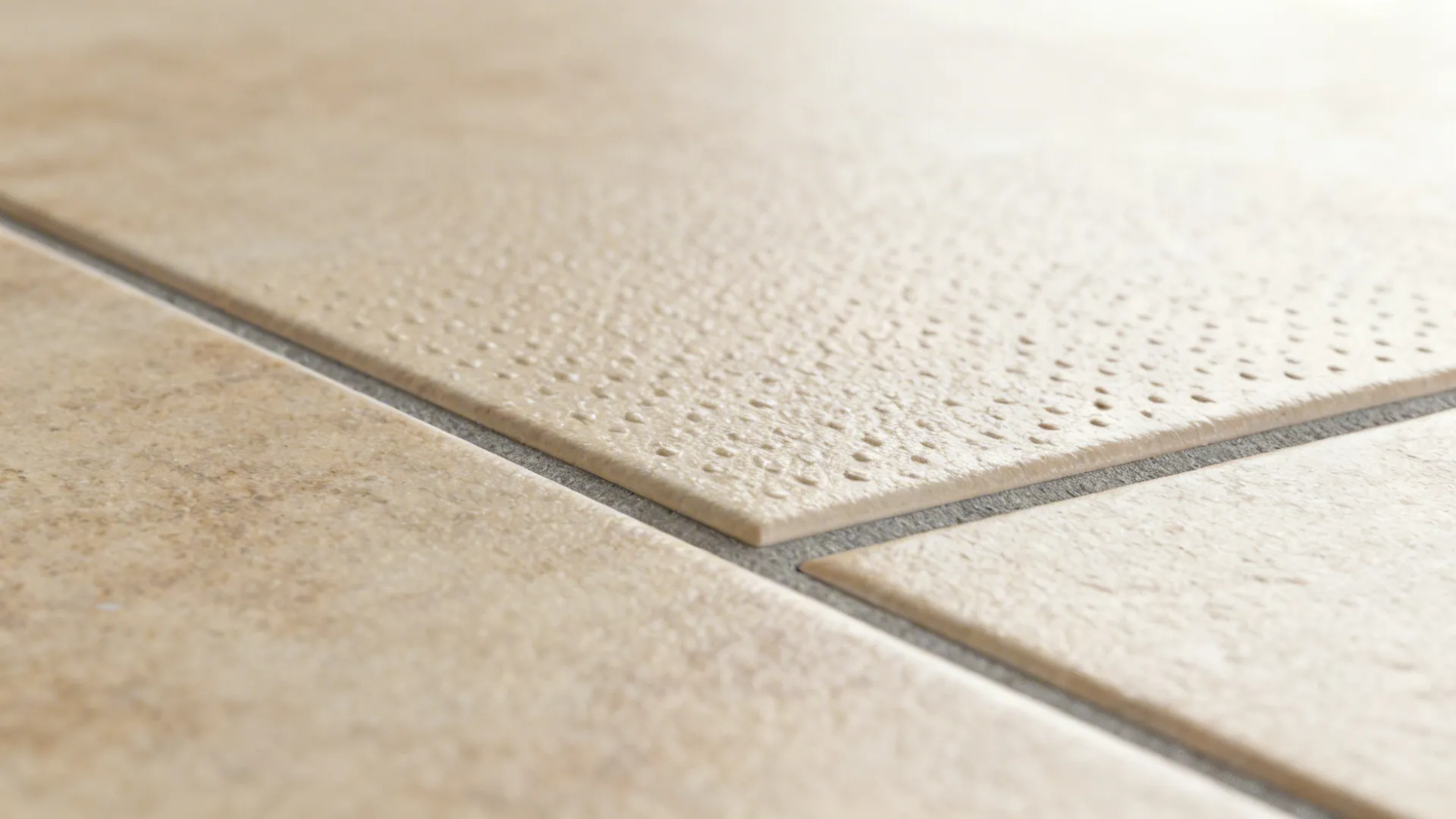 Macro of large-format porcelain tile texture highlighting slip resistance and grout detail