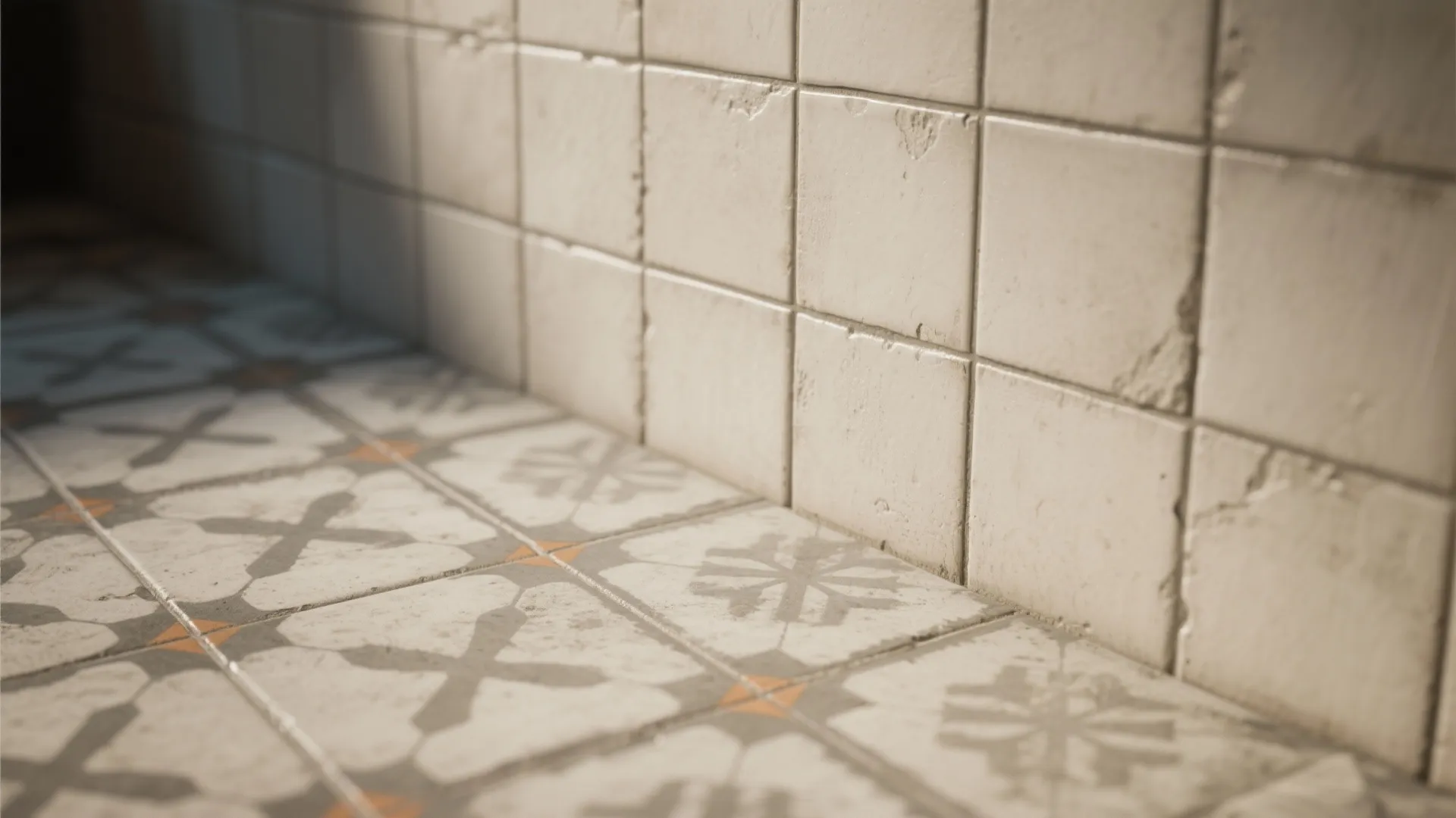 Close up of white wall tiles and patterned floor tiles in a warm light room
