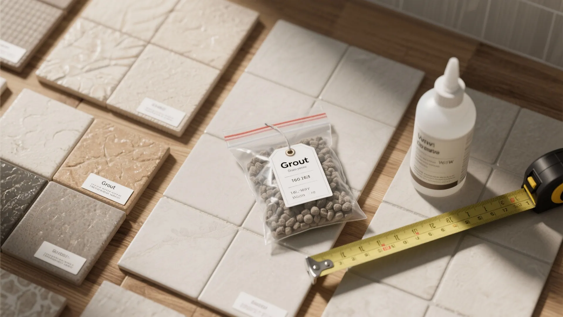 Ceramic tile samples displayed on wood table with grout bag glue bottle and measuring tape