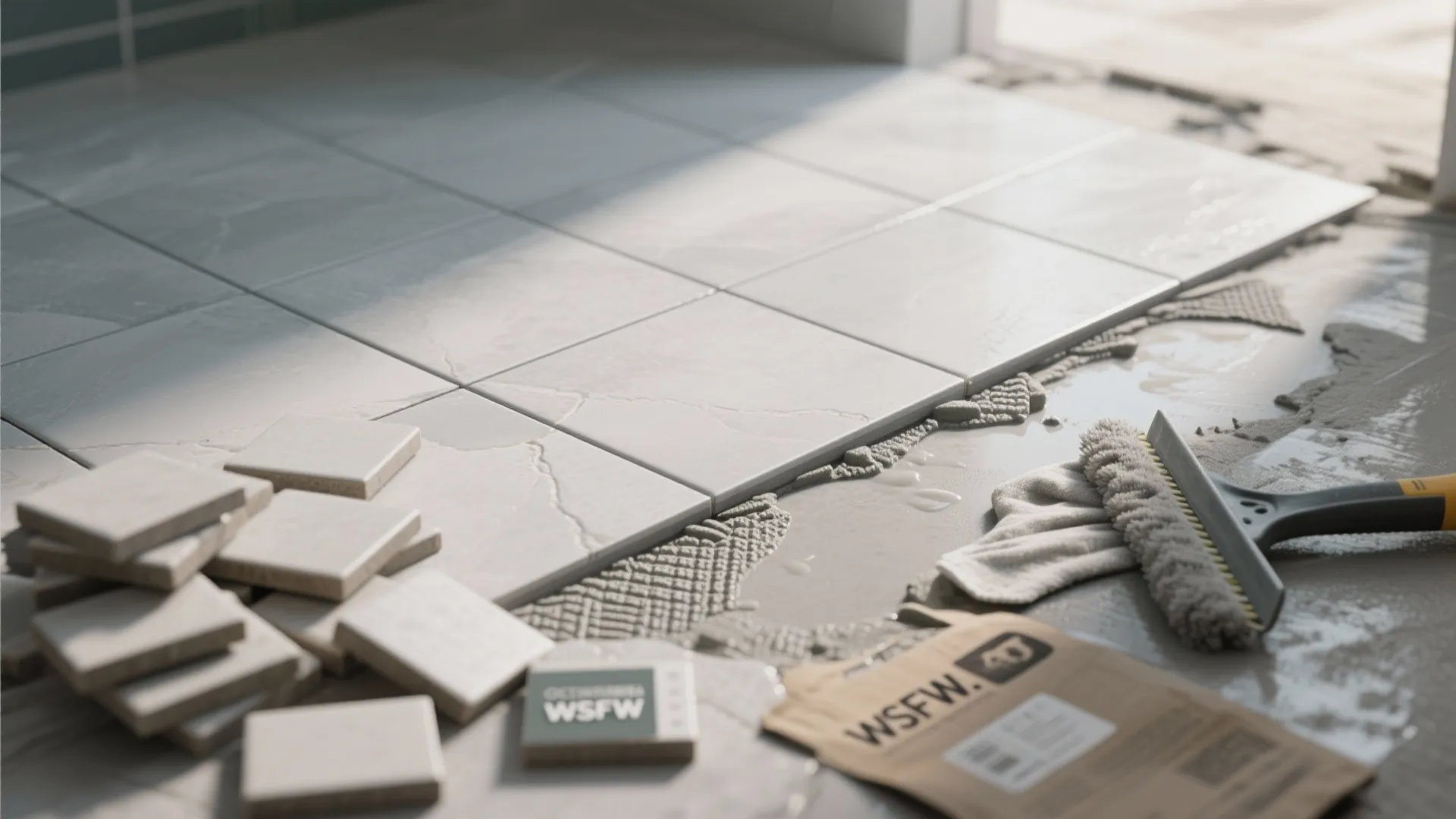 New white floor tiles being installed with a bag of grout and a cleaning brush