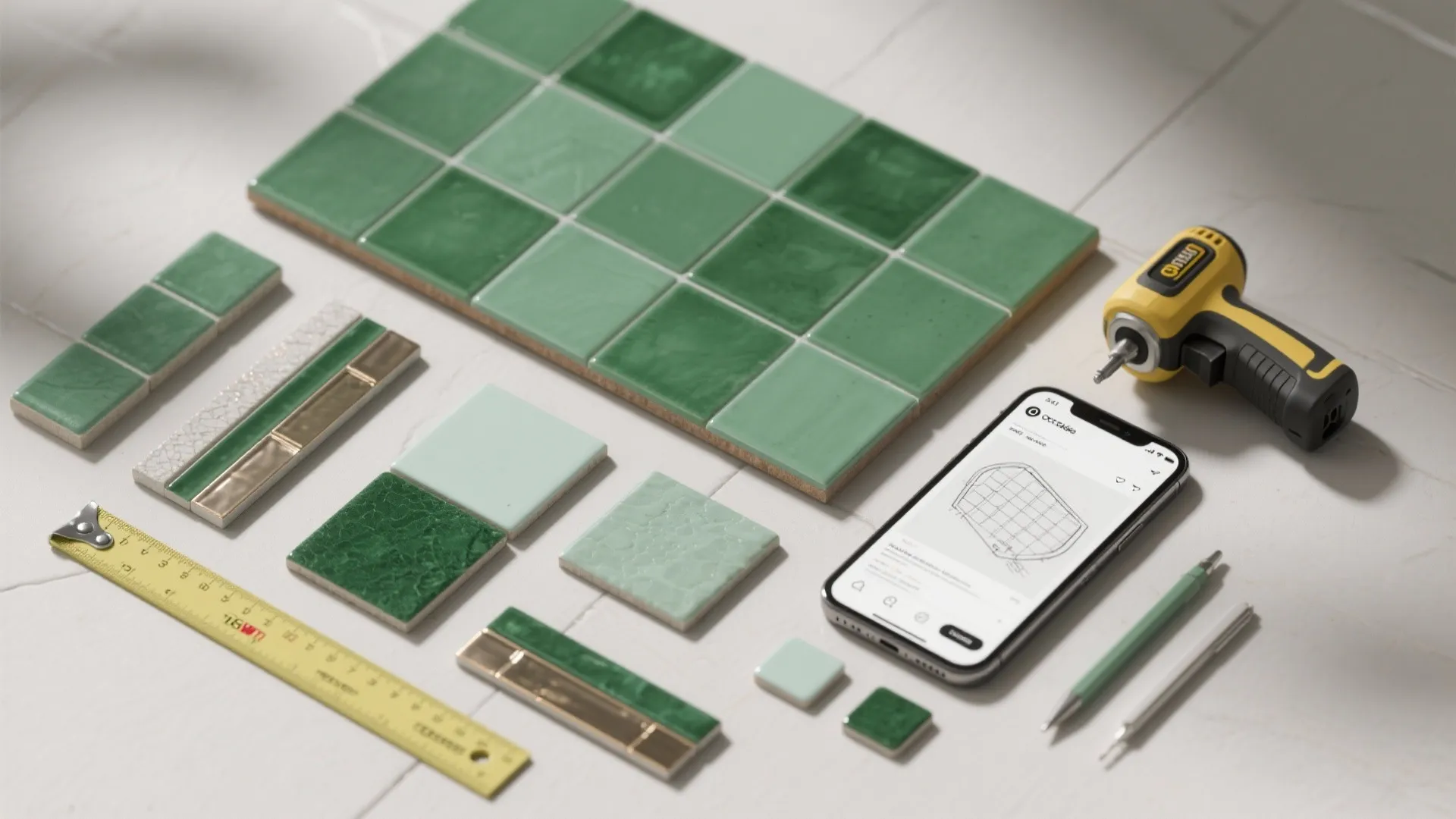 Green tiles layout with smartphone showing floor plan yellow power drill and a yellow ruler