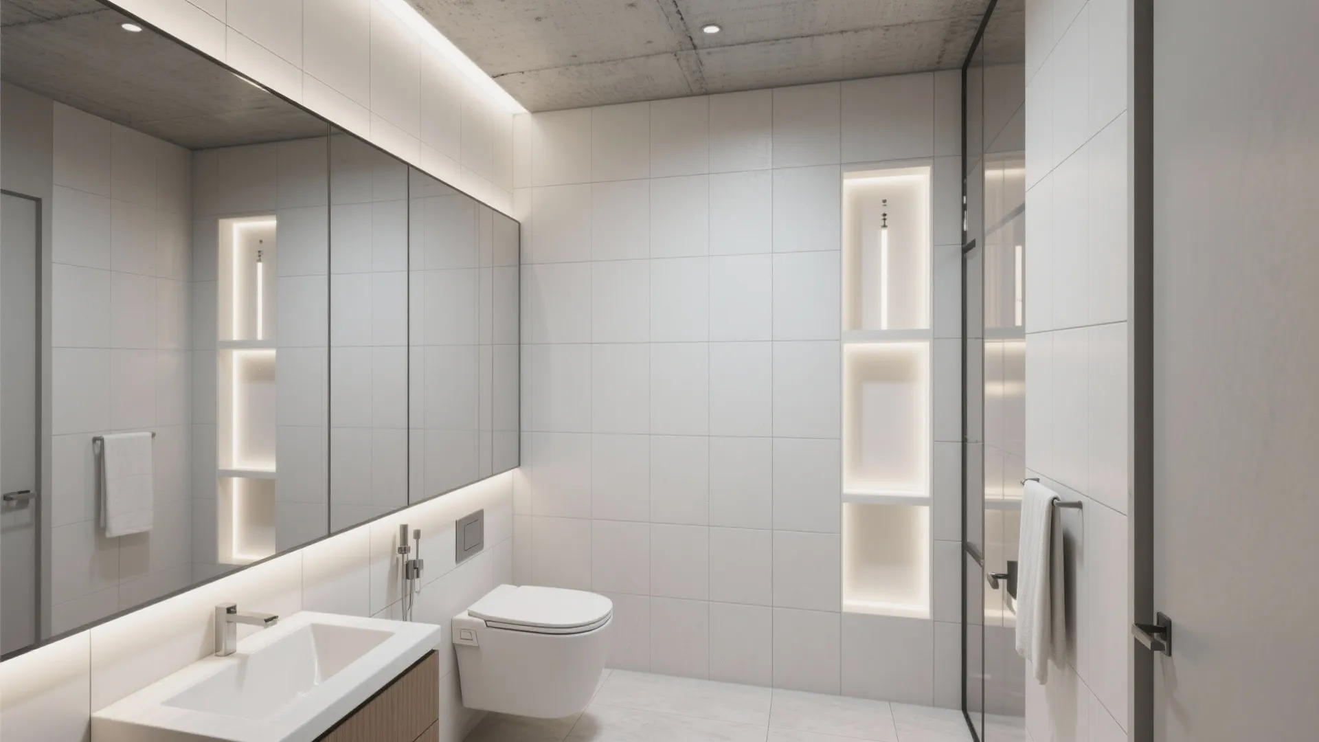 White tiled bathroom featuring a wall hung toilet, sink, large mirror, and lighted wall shelves