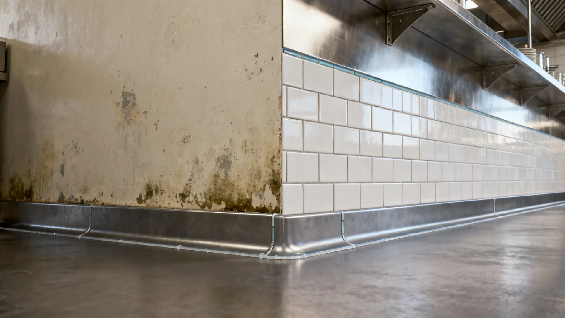 Comparison between dirty old wall and clean white tiles with metal wall panel at bottom
