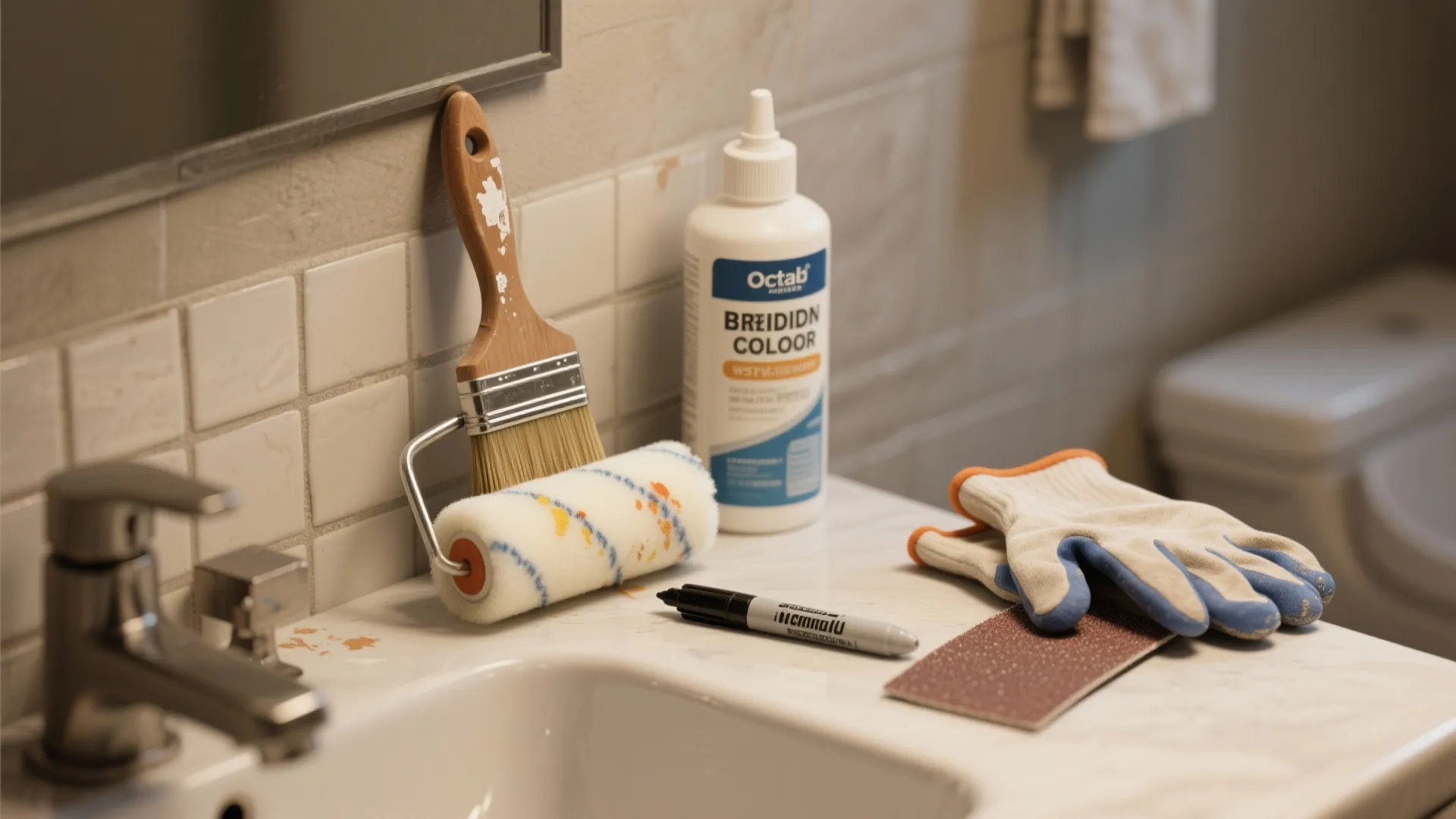 Bathroom sink with tiling tools including paint roller brush glue bottle work gloves and sandpaper