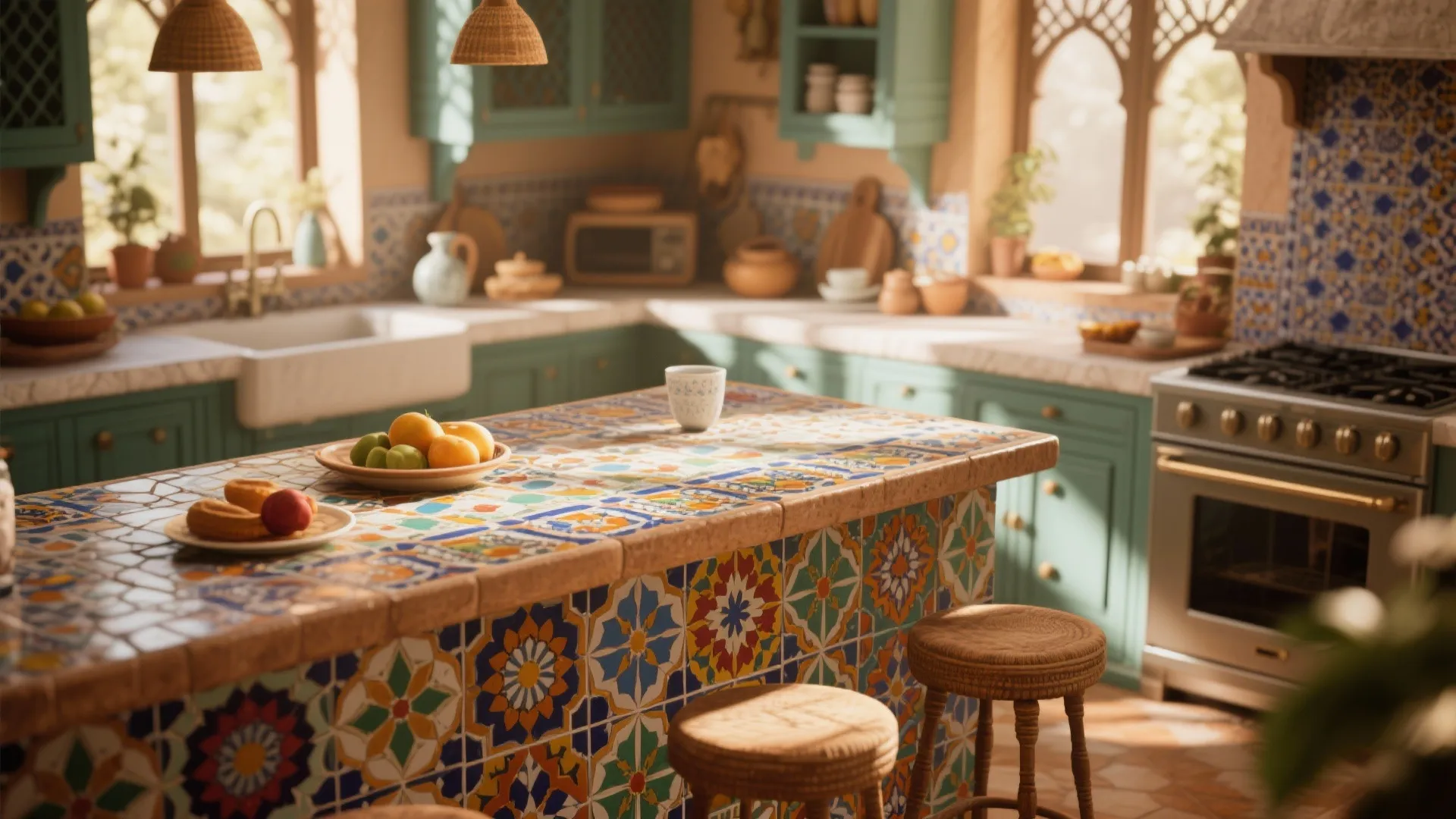 Rustic kitchen with colorful pattern tile island wooden stools green cabinets and Mediterranean style window design
