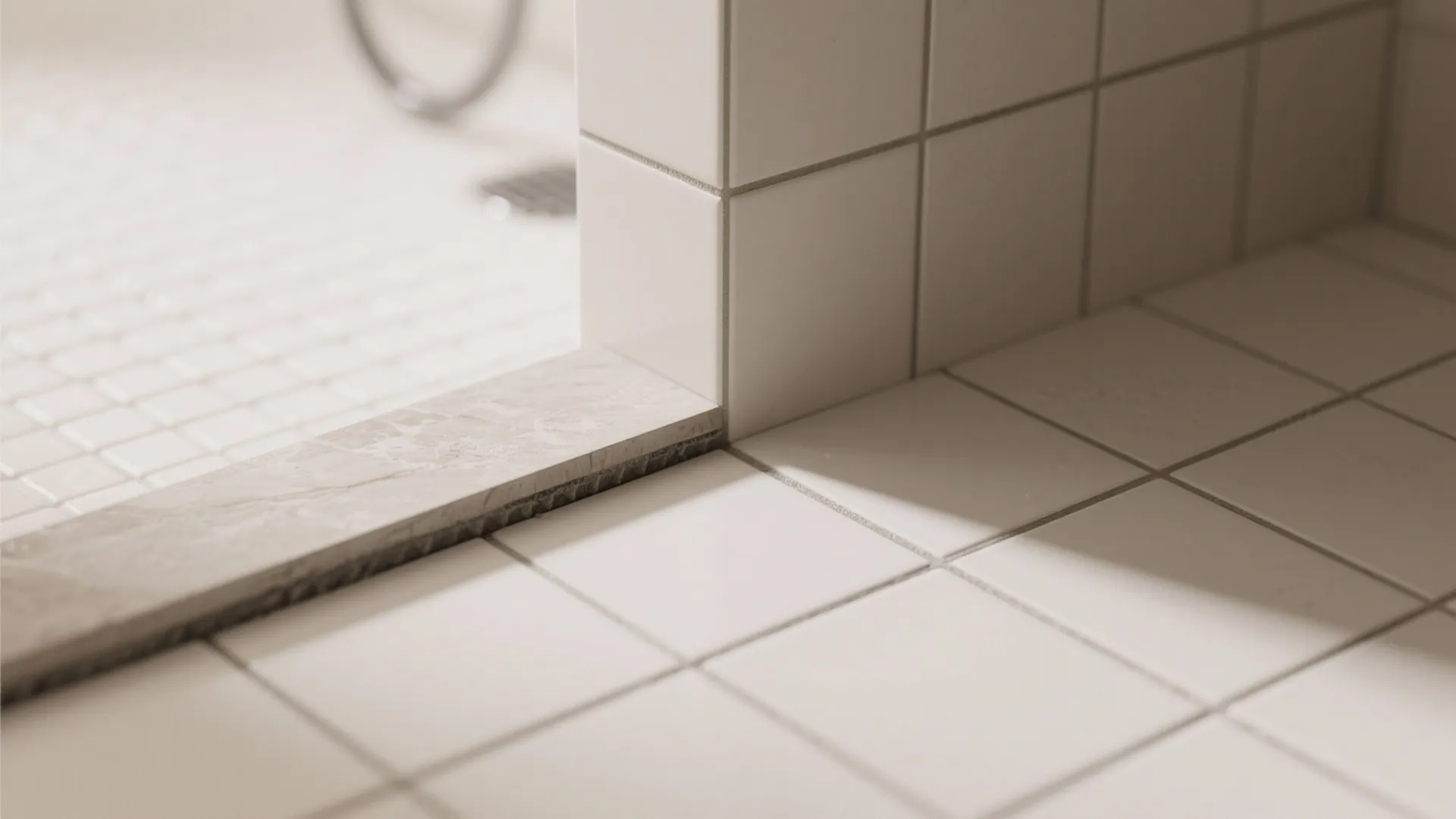 Close up shot showing white square tiles meeting a marble floor edge in a bathroom