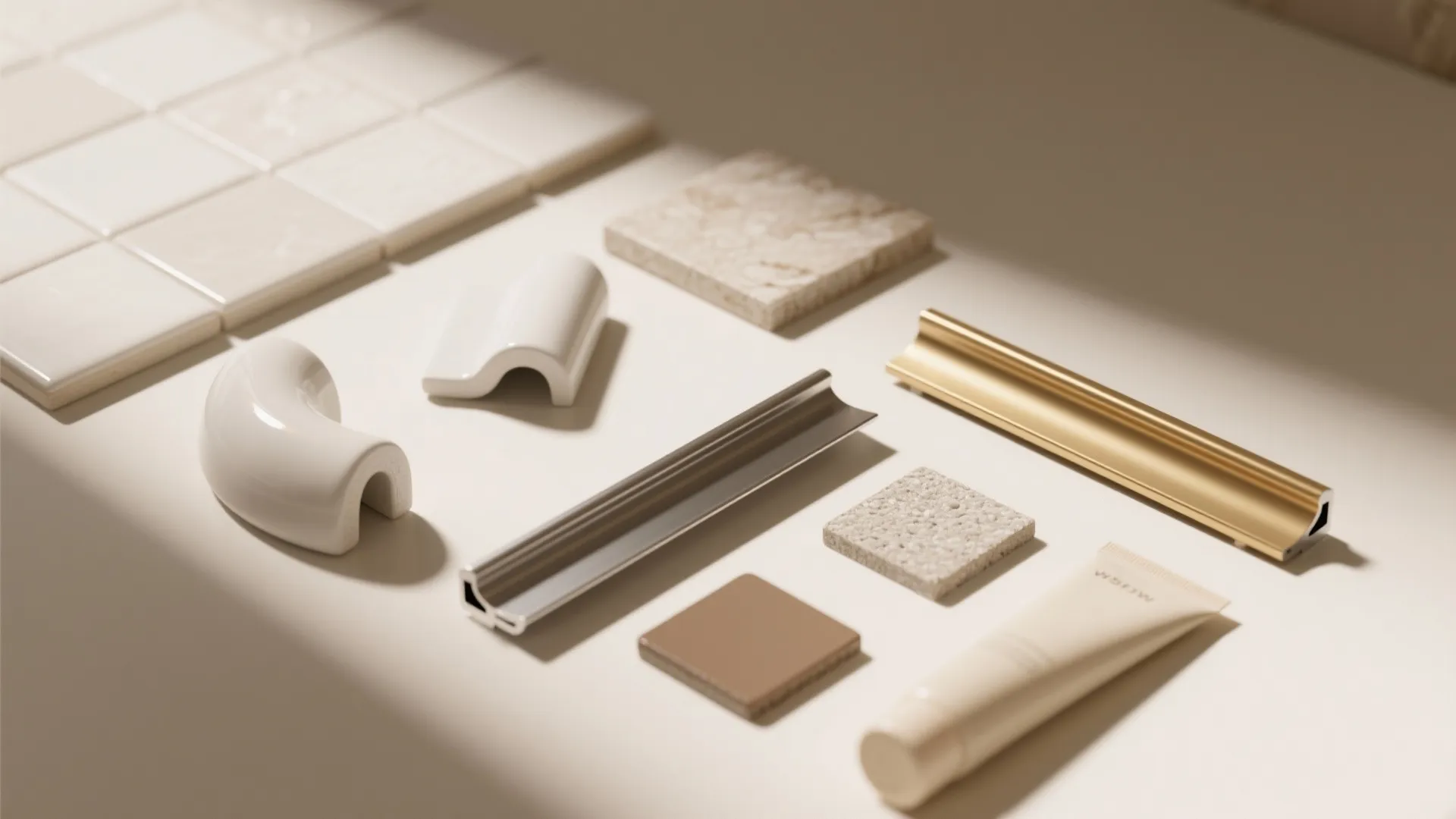 Interior design materials including various wall tiles and metal trim strips on a beige background