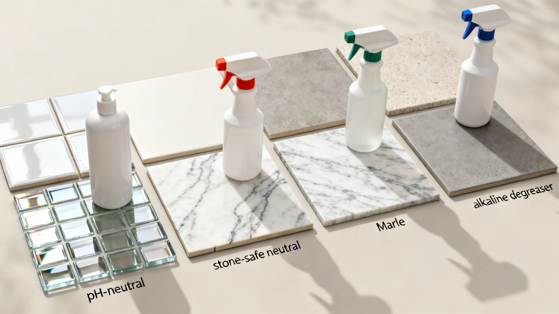 Flat lay of ceramic, porcelain, glass, marble, and cement tiles with matching cleaner types.