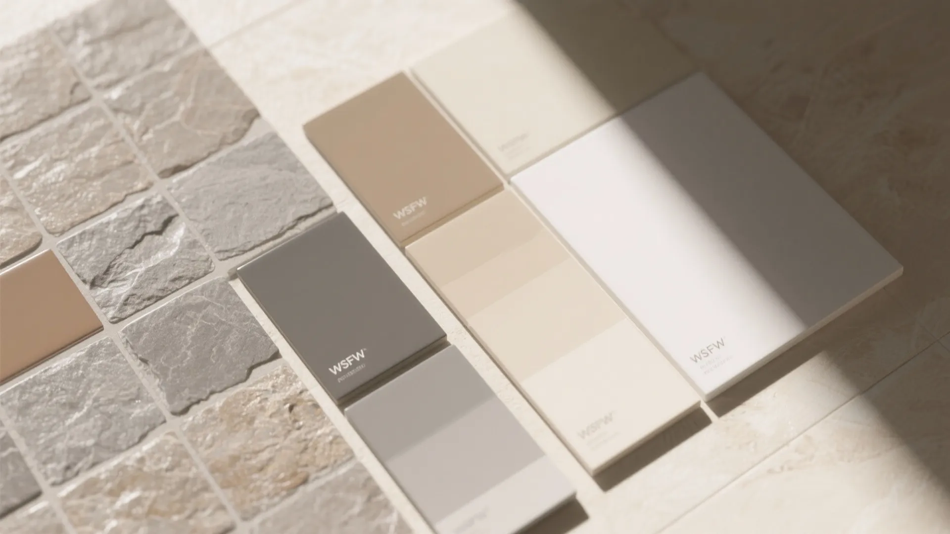 Neutral color palette samples showing various beige and grey tiles with soft natural light and shadows