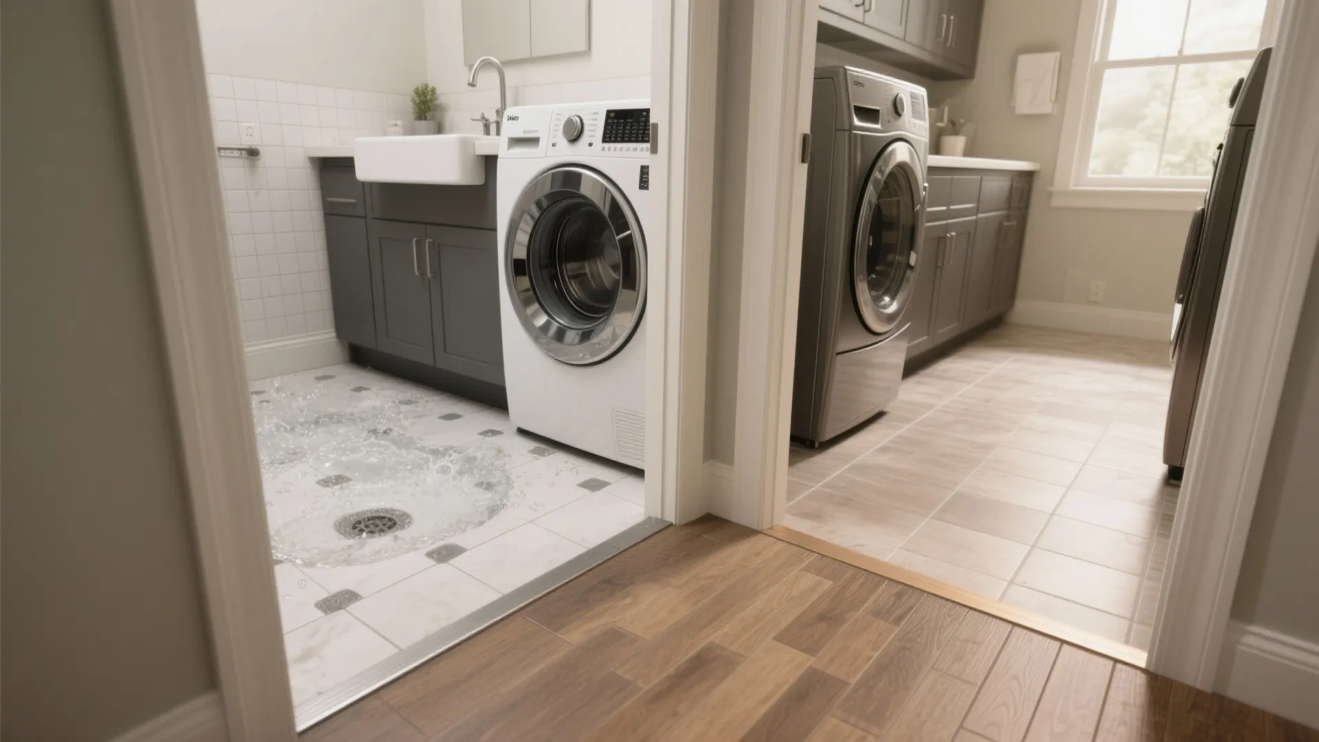 Modern laundry room layout showing white tile floor with drain next to wood floor hallway