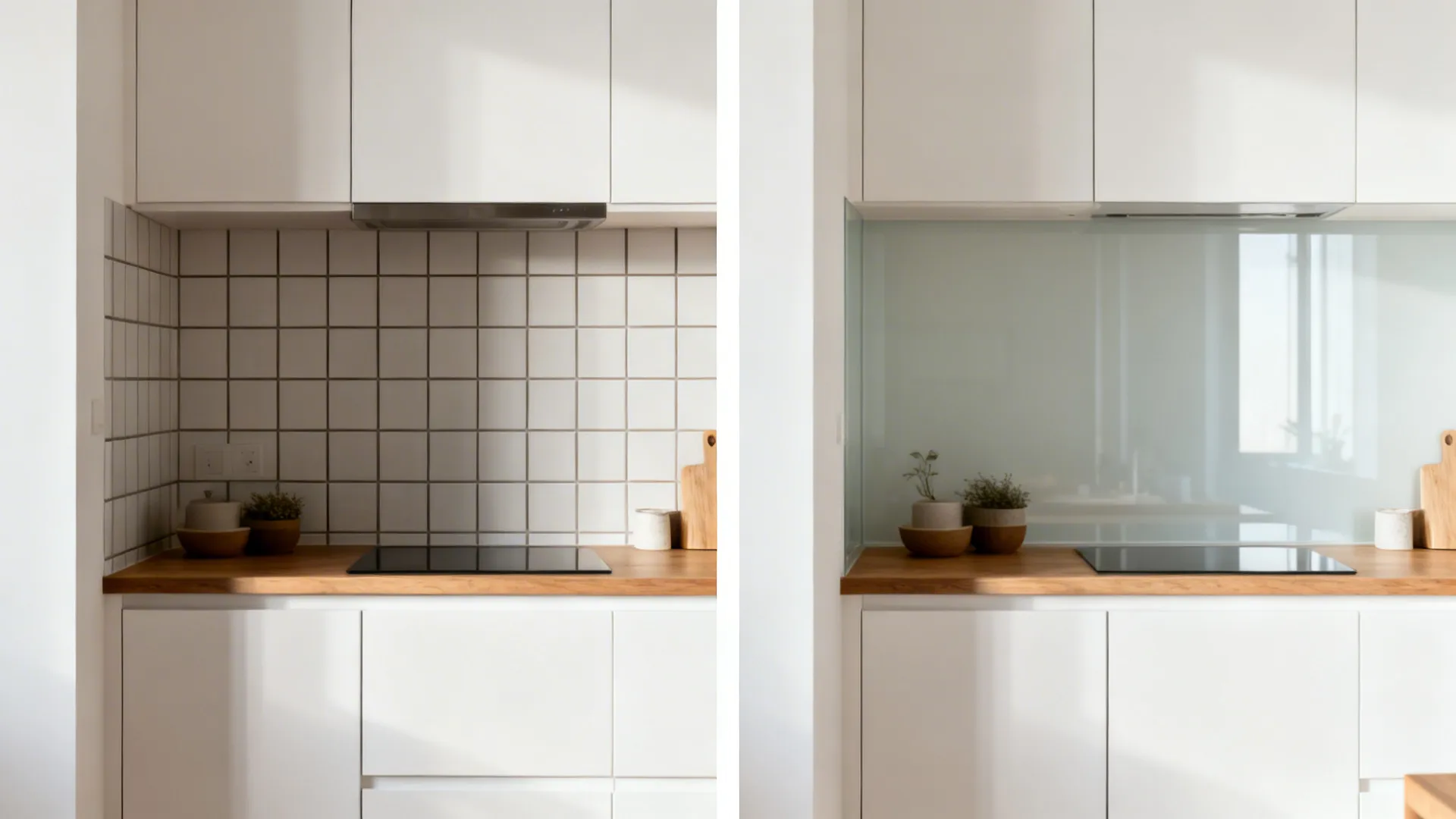 Before and after view comparing tiled backsplash to seamless glass in a compact kitchen.