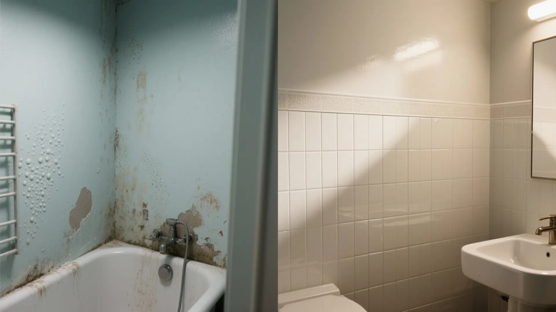 Comparison between a damaged blue painted bathroom wall and a clean white tiled wall surface