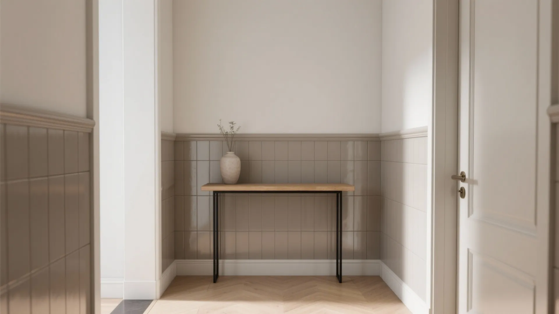 Simple entryway with beige wall panel tiles wooden floor a small table and white door
