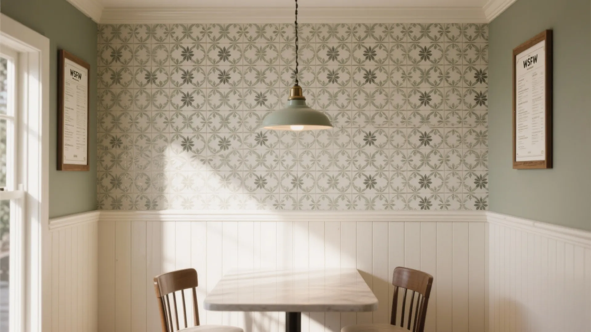 Idea 3: Tile-look wainscot + pattern above