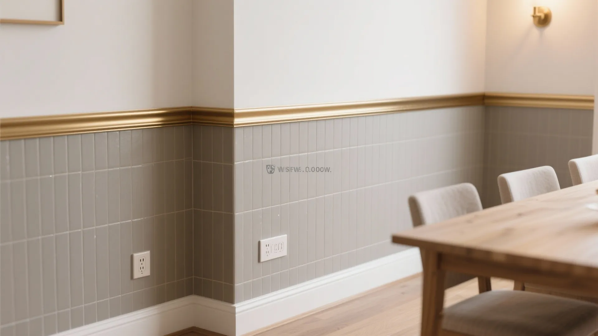 Dining area with grey wall panel gold trim white walls wooden table and grey fabric chairs