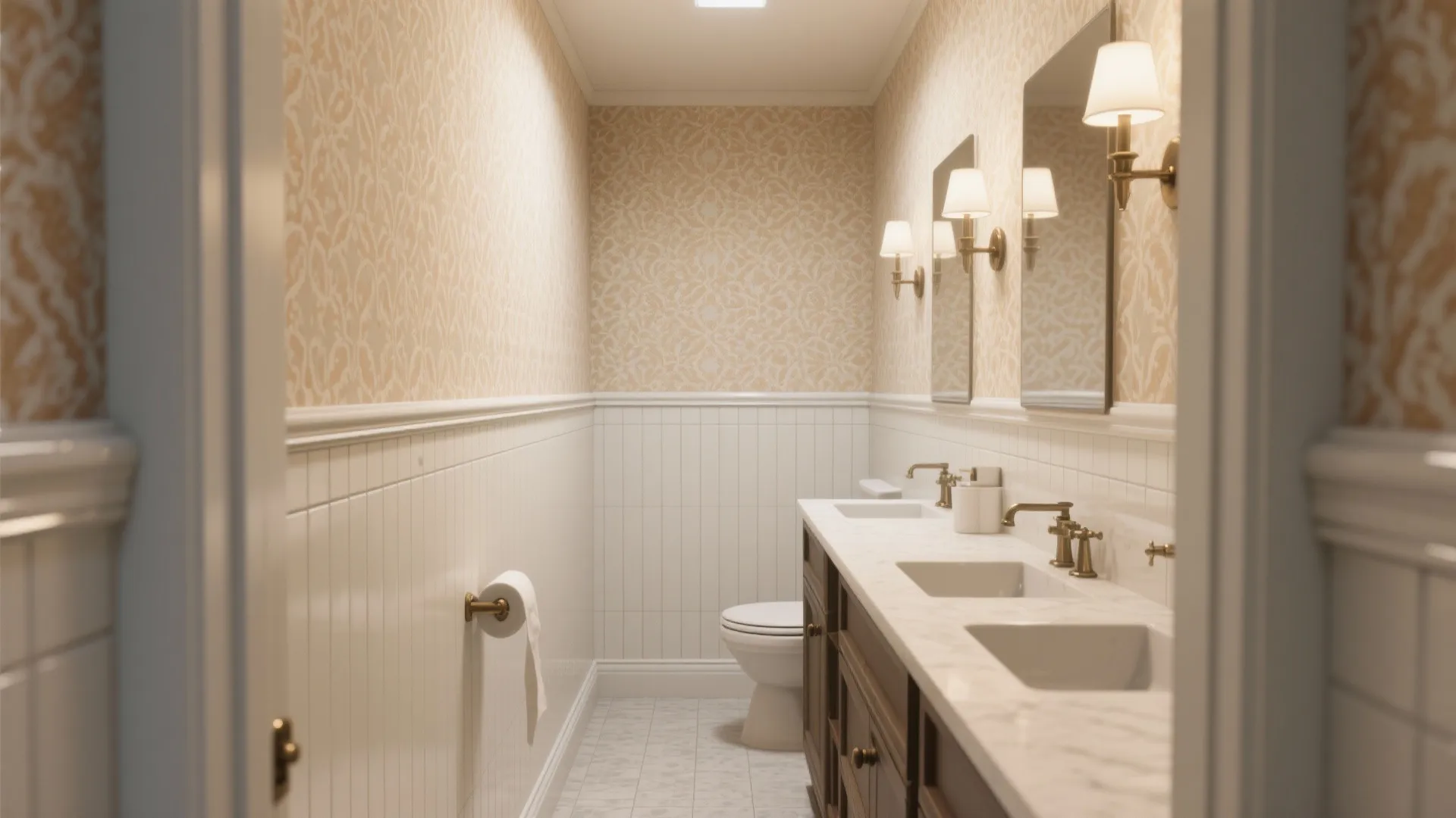 Half-Height Wallpaper with Tile Wainscot