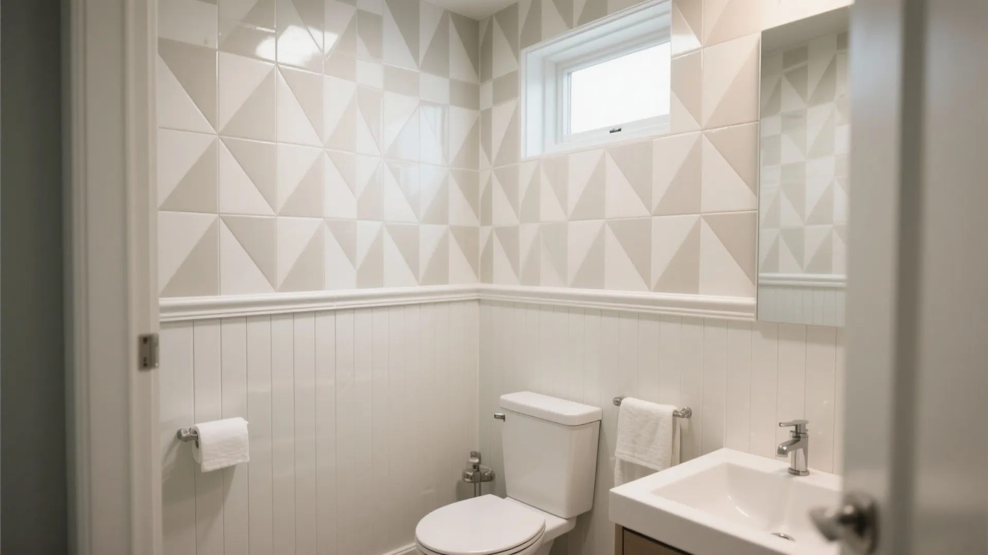 Neutral ceramic tile wainscoting in a small bathroom