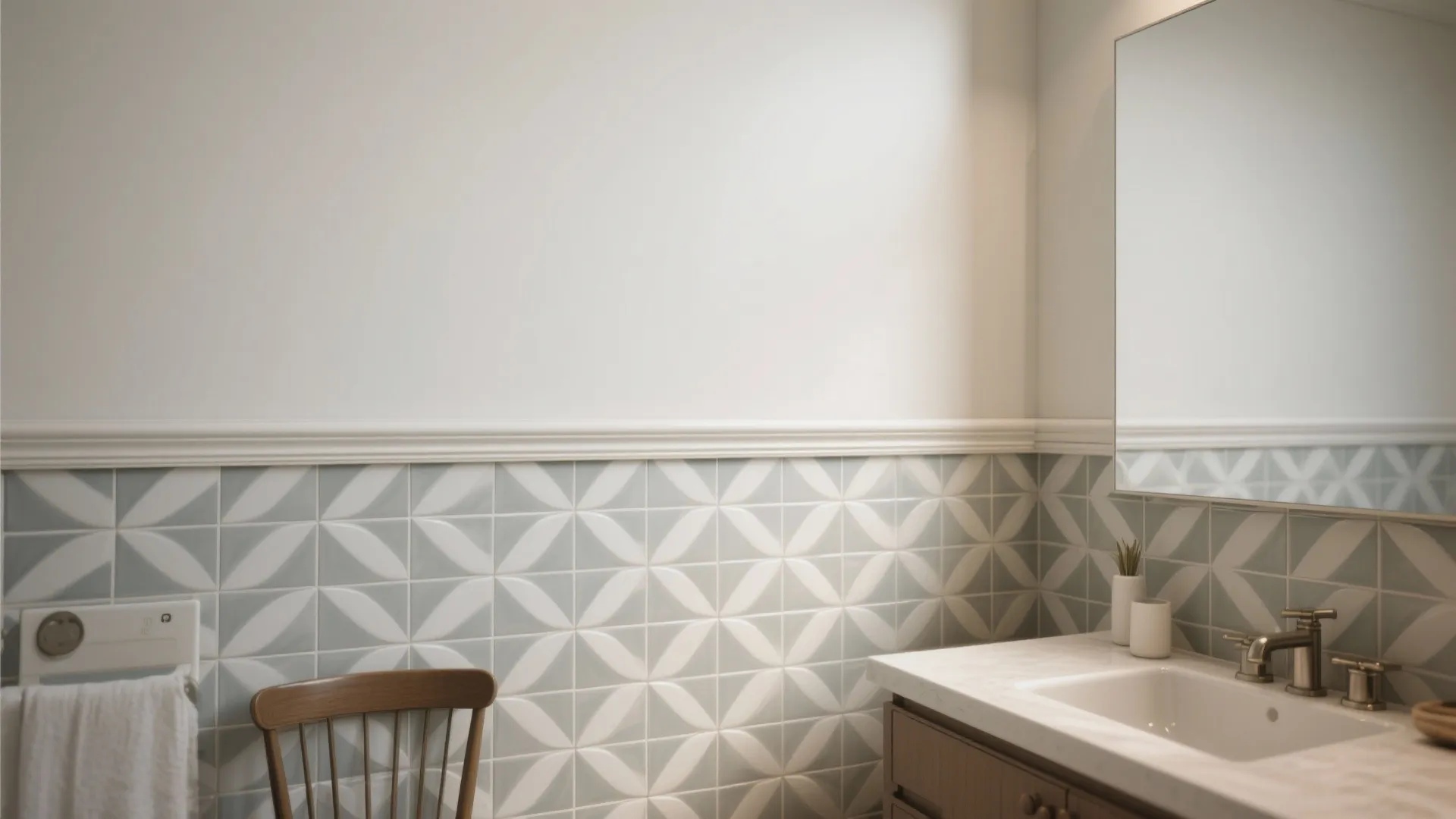 Geometric tile wainscoting with a simple cap molding and calm painted wall above