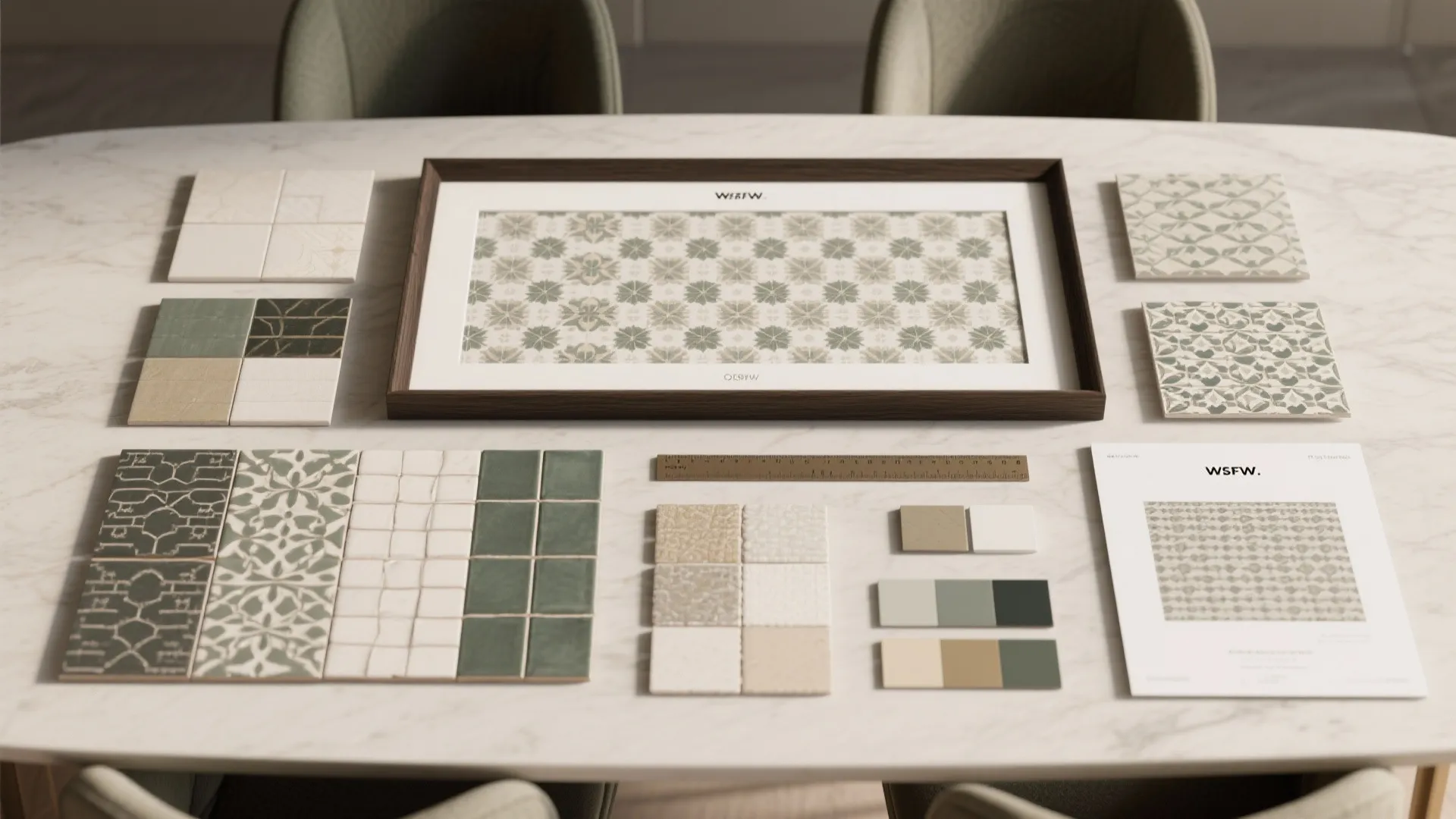 Top-down flatlay of wallpaper and tile samples with grout swatches and scale for planning a statement panel.