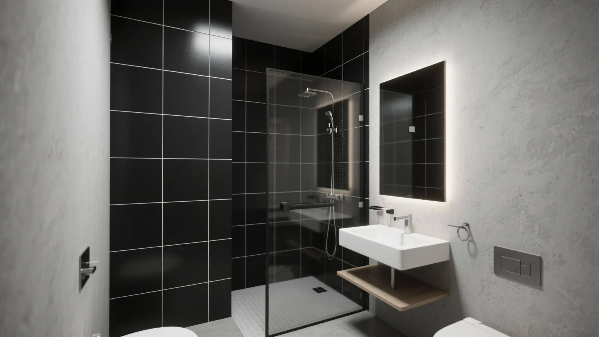 Modern bathroom showing black square tiles white grout glass shower white sink and glowing mirror