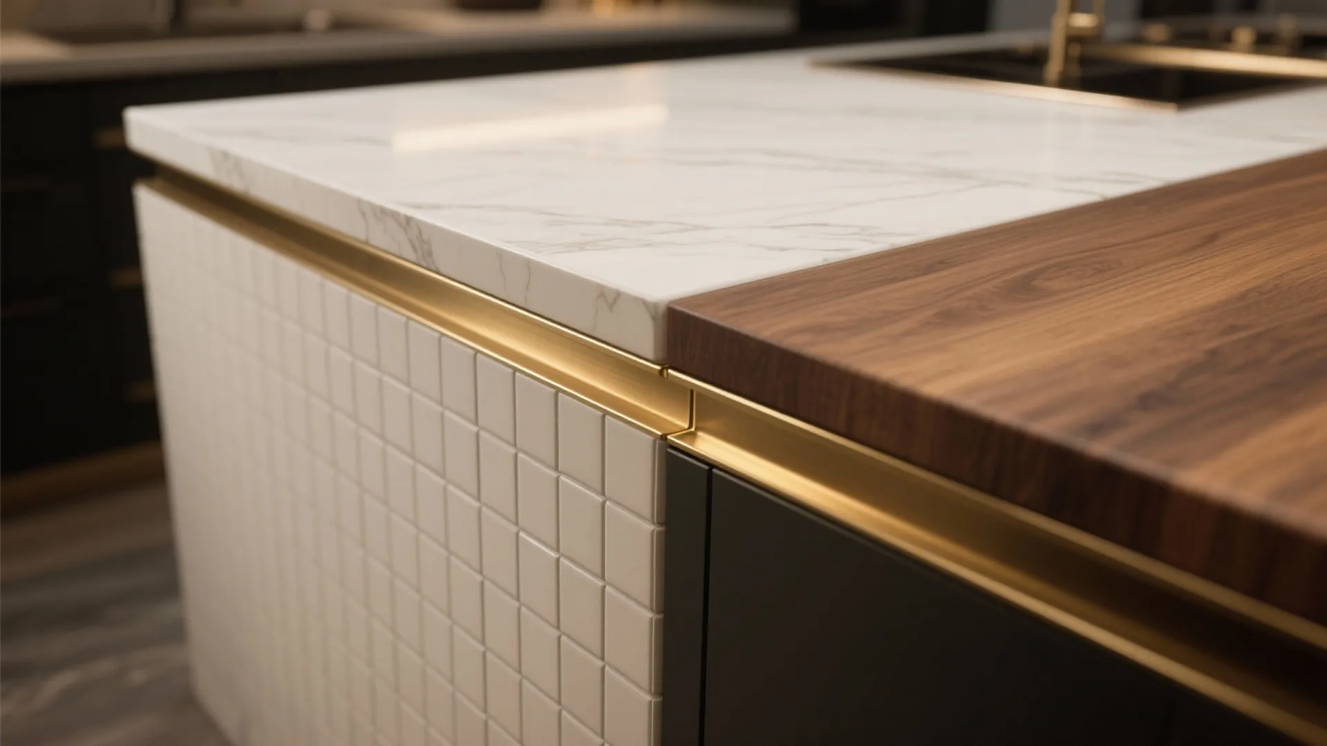 Close-up of tiled island corner with slim brass edge trim meeting a wood countertop showing precise joinery.