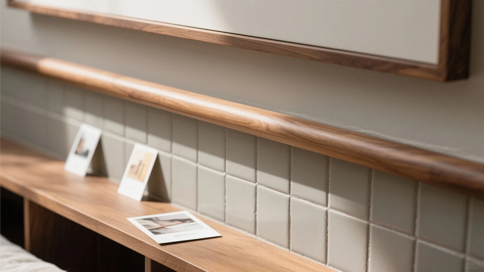 Close up of small square wall tiles with wooden shelf and round wood trim detail
