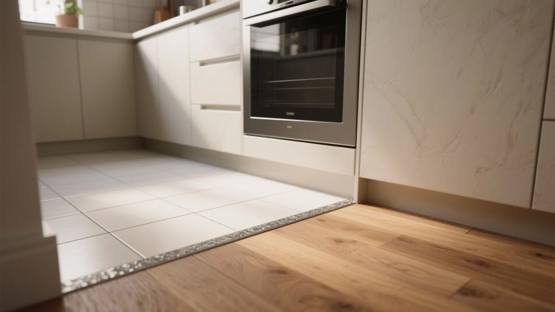 Modern kitchen transition from white floor tiles to light brown wood flooring near a black oven