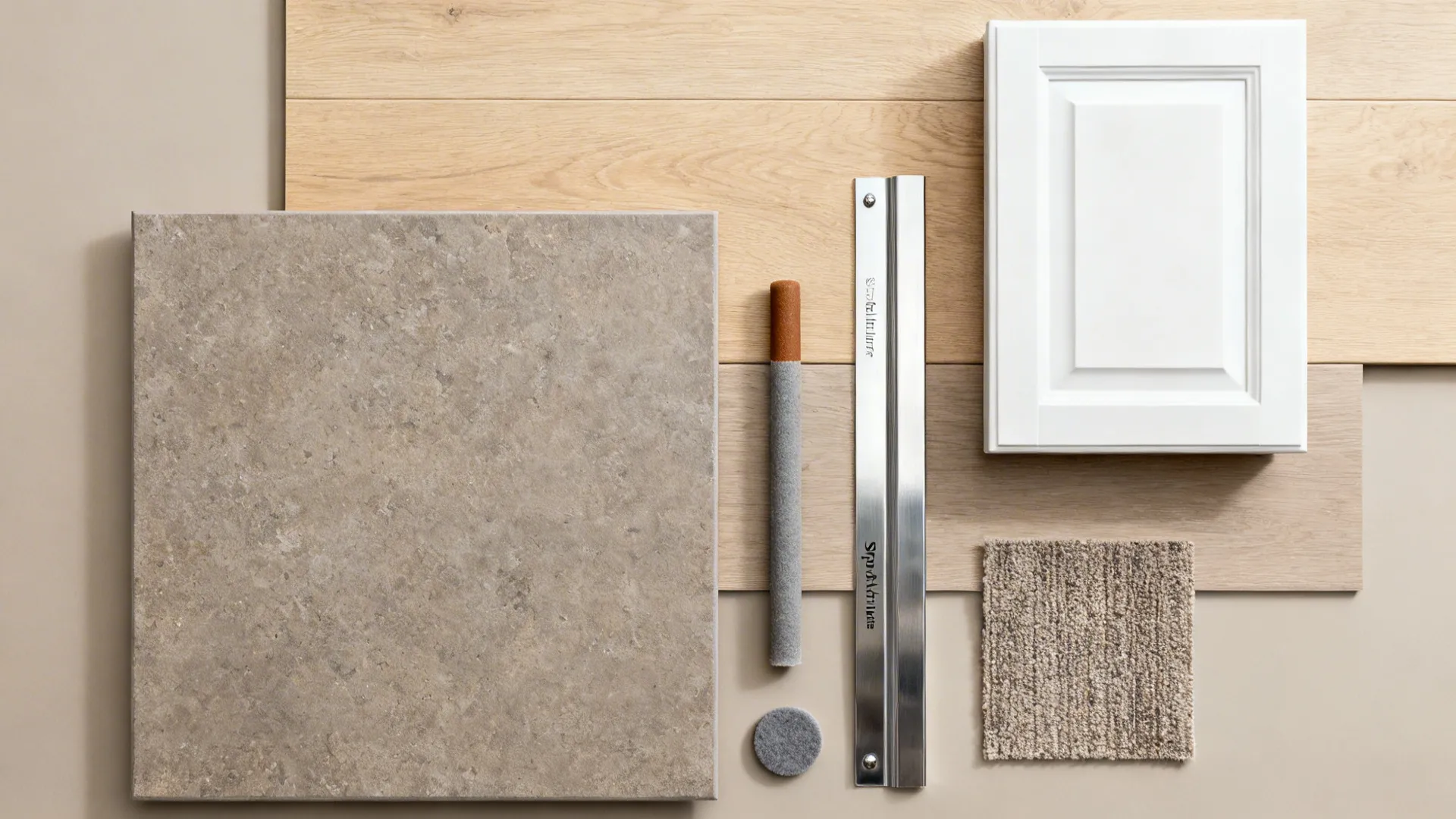 Flat lay of taupe-gray porcelain tile, oat-tone wood plank, grout, and transition strip.