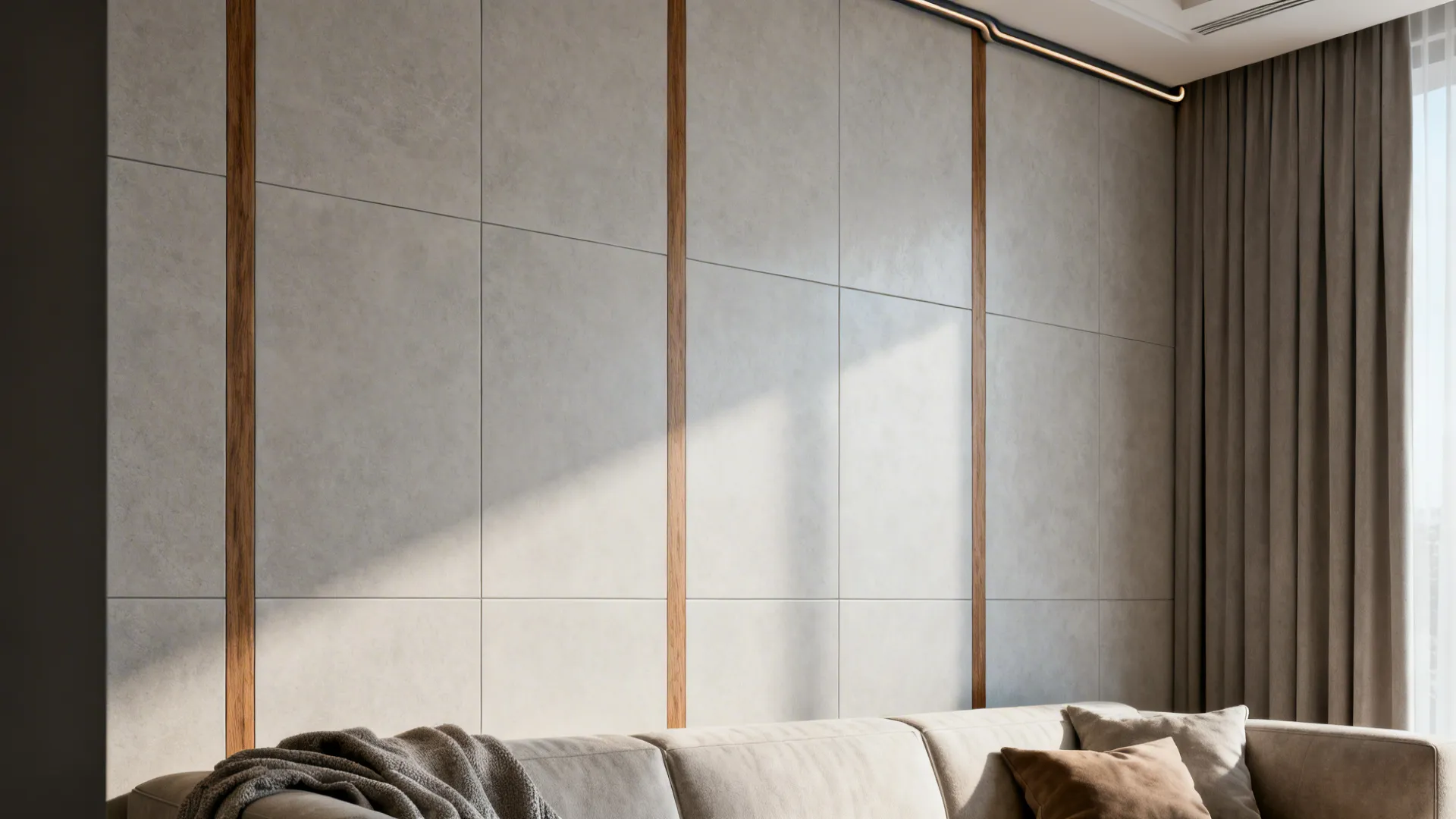 Living room wall with matte tiles and narrow wood accent strips for a layered look