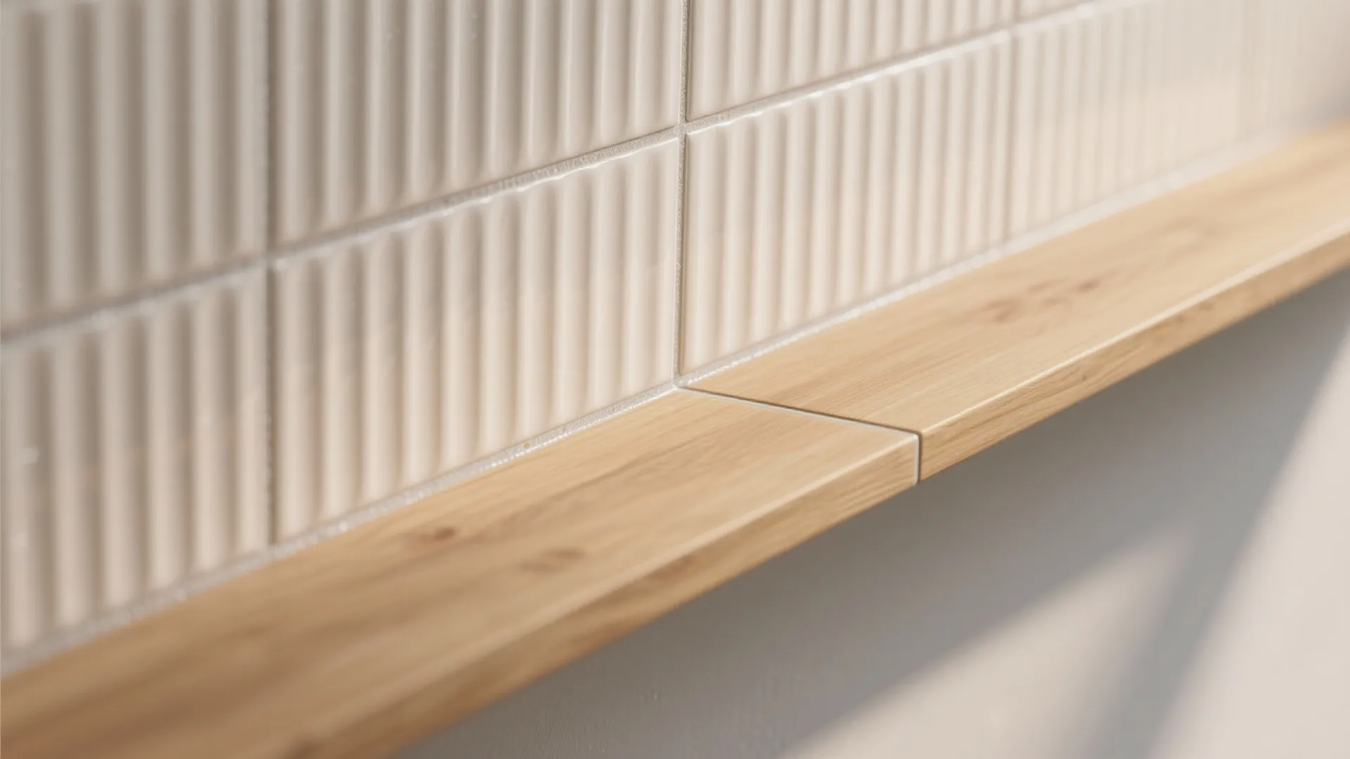 Macro of ribbed ceramic tile and sealed light oak shelf with neat epoxy grout line.