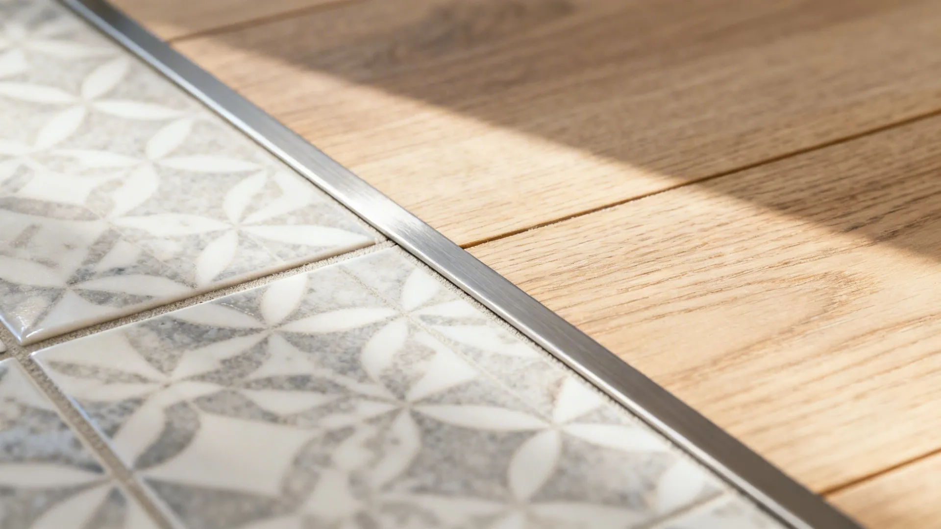 Macro of a slim brushed metal profile creating a flush transition between patterned tile and light oak wood.