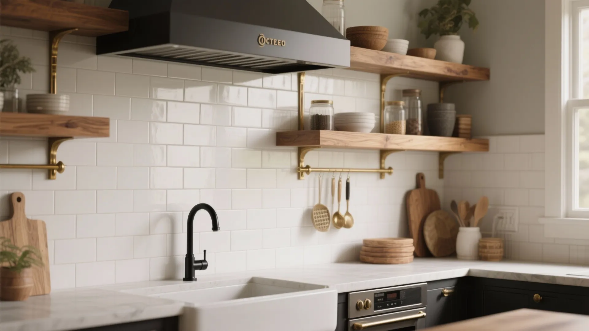 5. Mix Materials: Tile + Open Shelves or Wood Trim