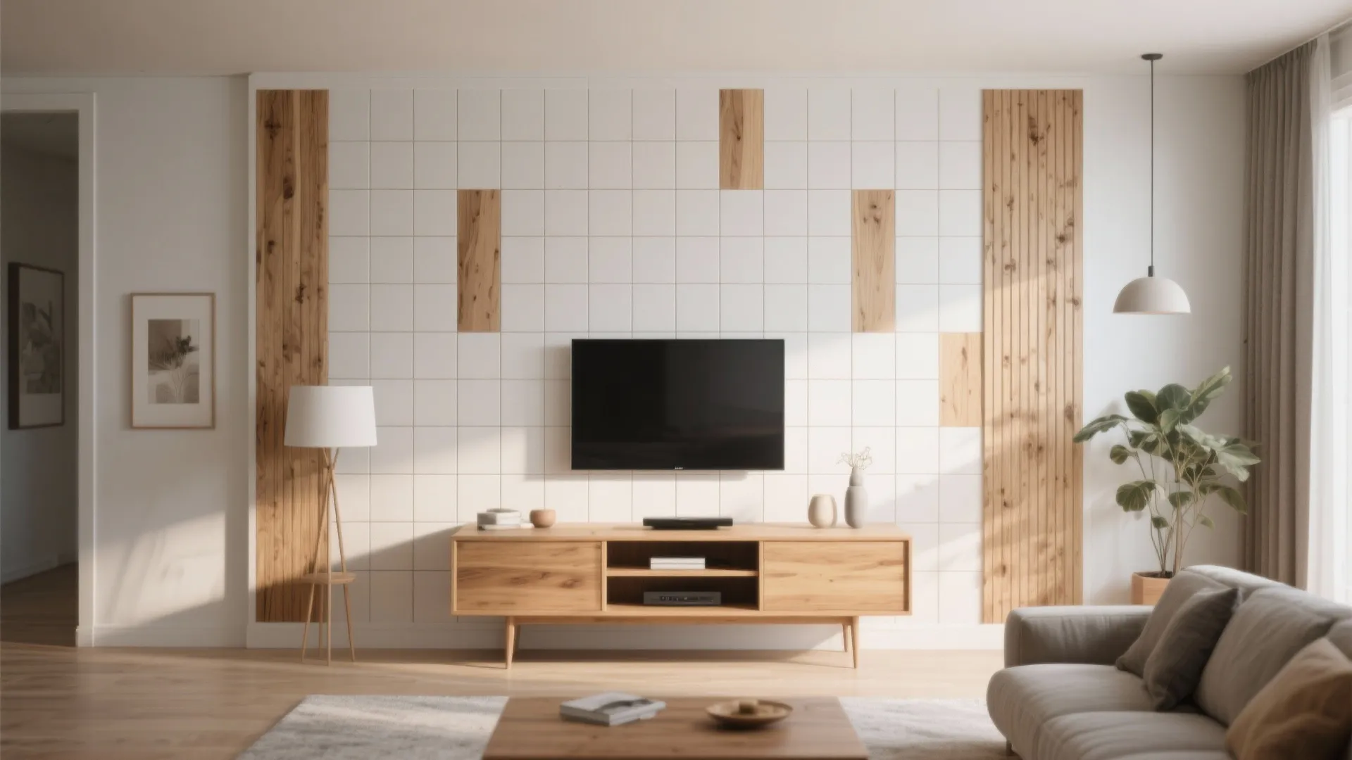 Living room accent wall combining tile with thin wood accent strips in Scandinavian style