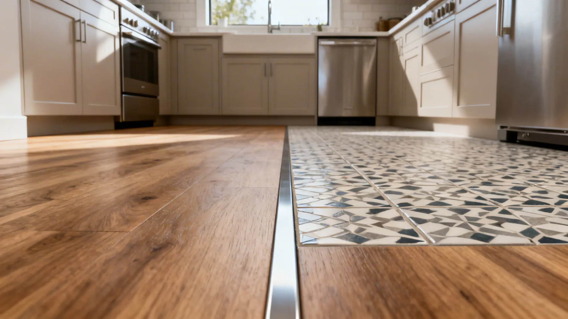 Before-and-after of a small kitchen floor showing wood only versus a patterned tile inset with a flush metal transition.