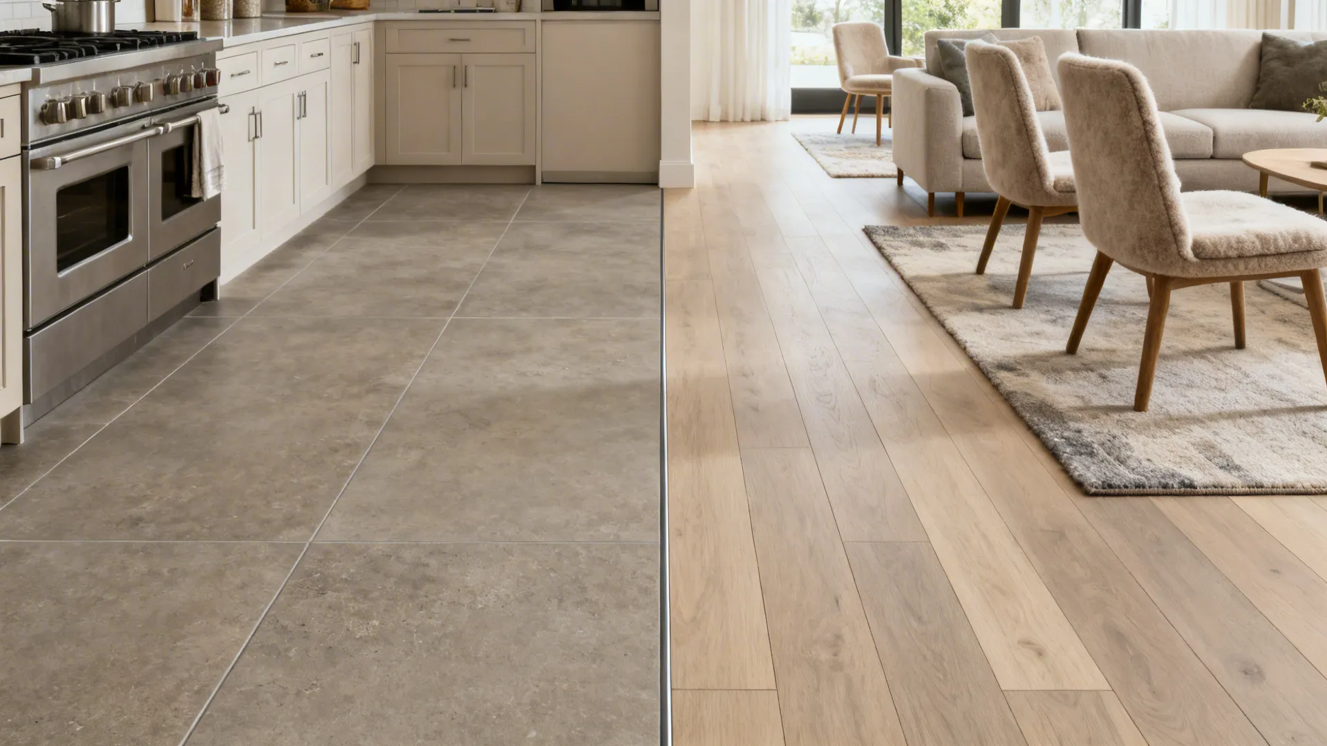 Flush transition between taupe-gray porcelain tile kitchen and oat-tone wood living area.