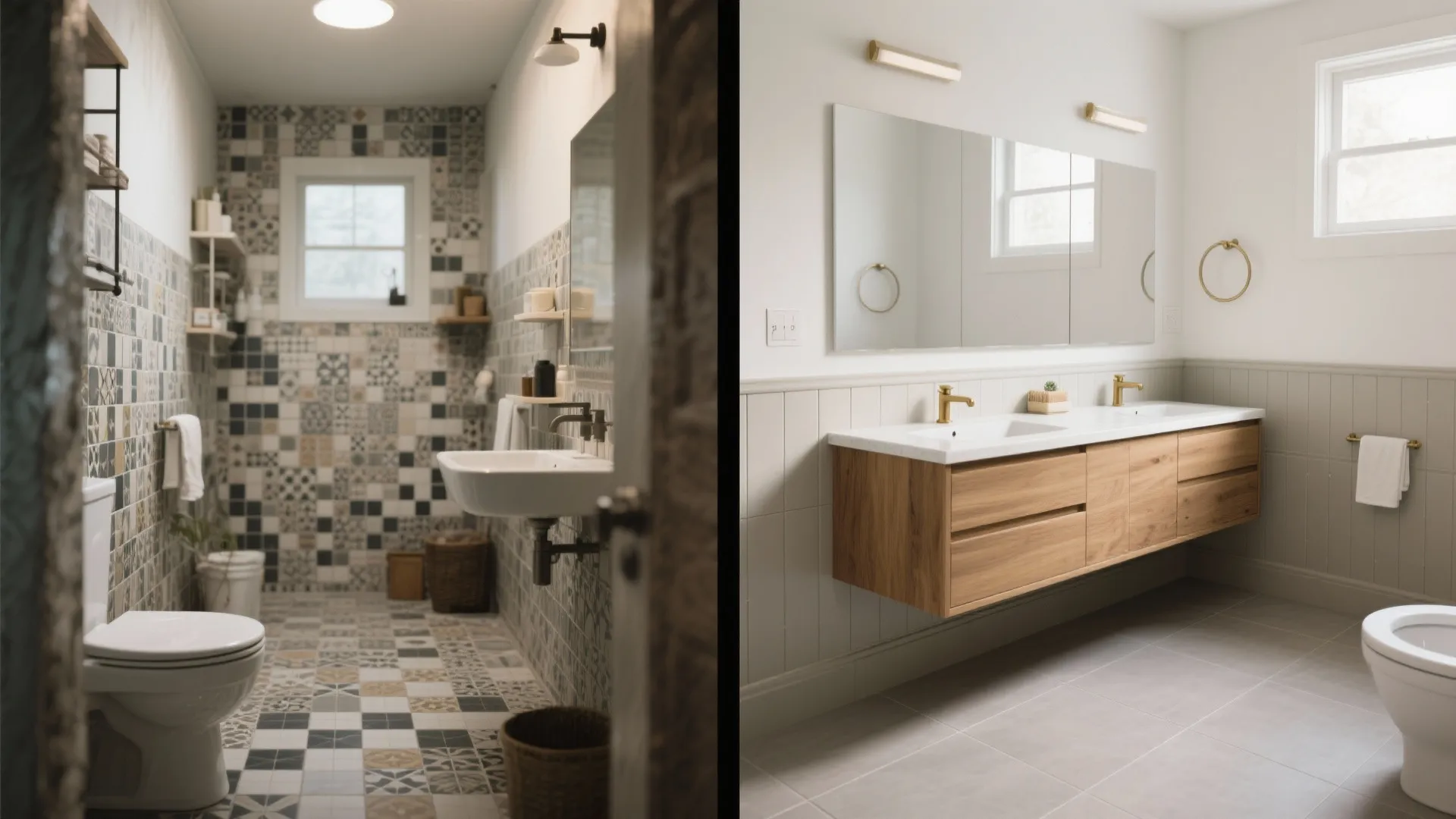 Before and after comparison of old bathroom with patterned tiles and new modern wood bathroom design