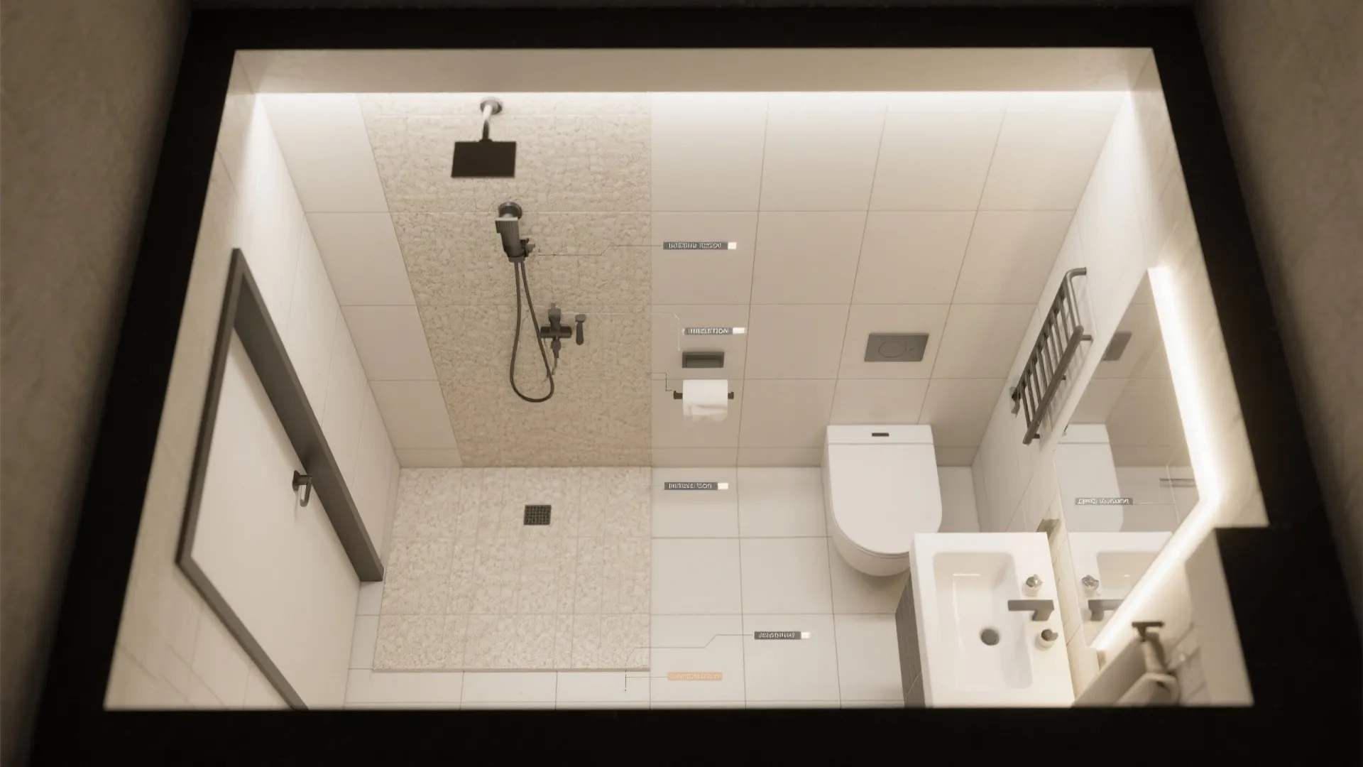 Top down interior design drawing of a small bathroom with shower toilet sink and white tiles